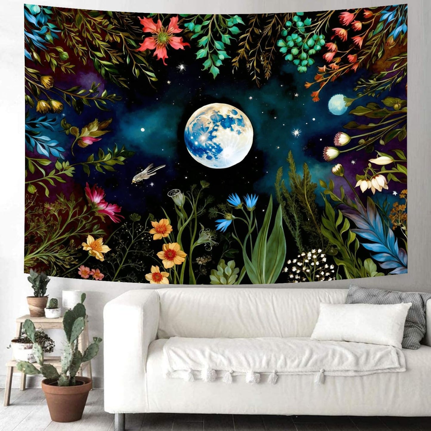 Delur Moonlit Garden Tapestry Boho Moon Floral Plant Tapestry Wall Hanging Colorful Flower Botanical Nature Night Landscape Headboard for Bedroom Living Room Home Decor (59.1" x 78.7")