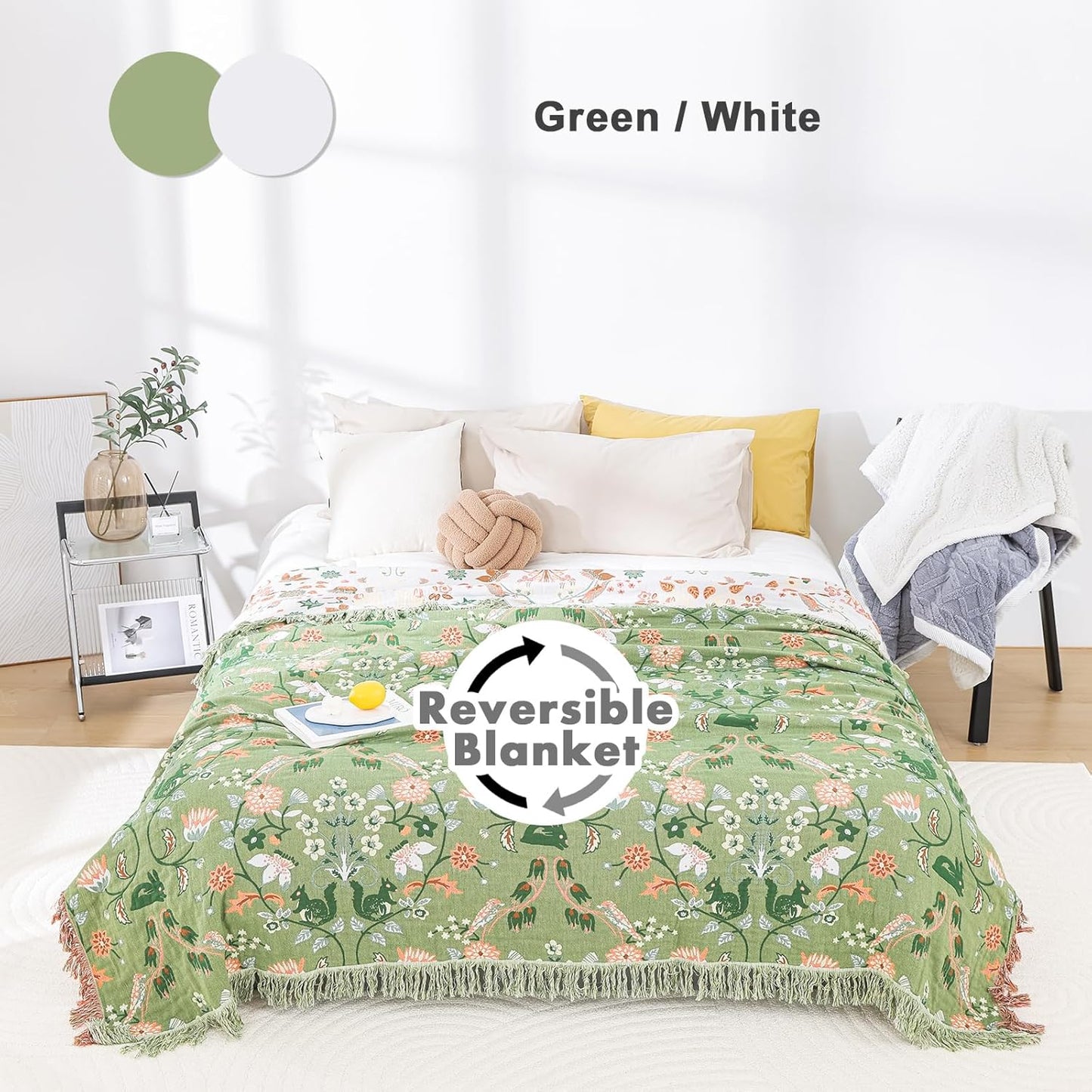 MSGKV Cotton Bed Blanket for Couch and Sofa Blankets for Living Room Bedroom Reversable Florals and Animals Throw 90"x98" Breathable Cozy Boho Blankets