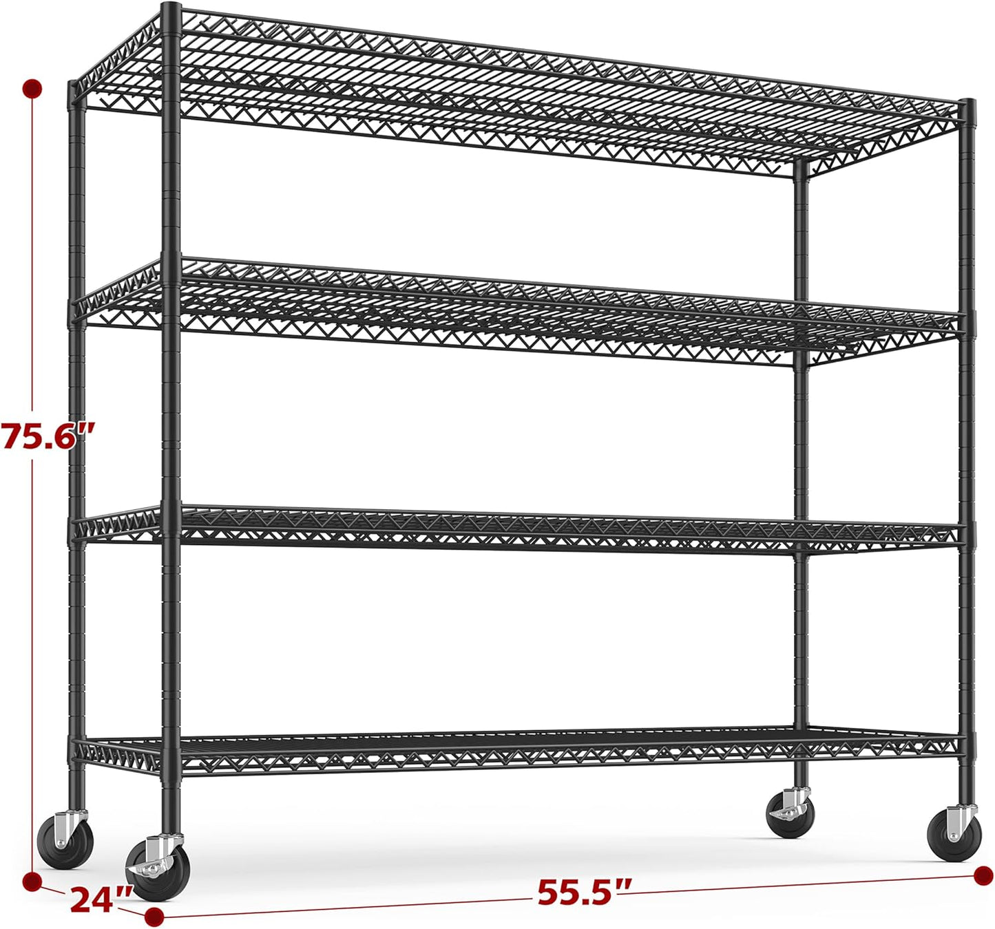 REIBII 55.5''W Heavy Duty Metal Shelves with Wheels - 4PCS Adjustable Garage Storage Rack, 75.6" H X 55.5''W X 24" D