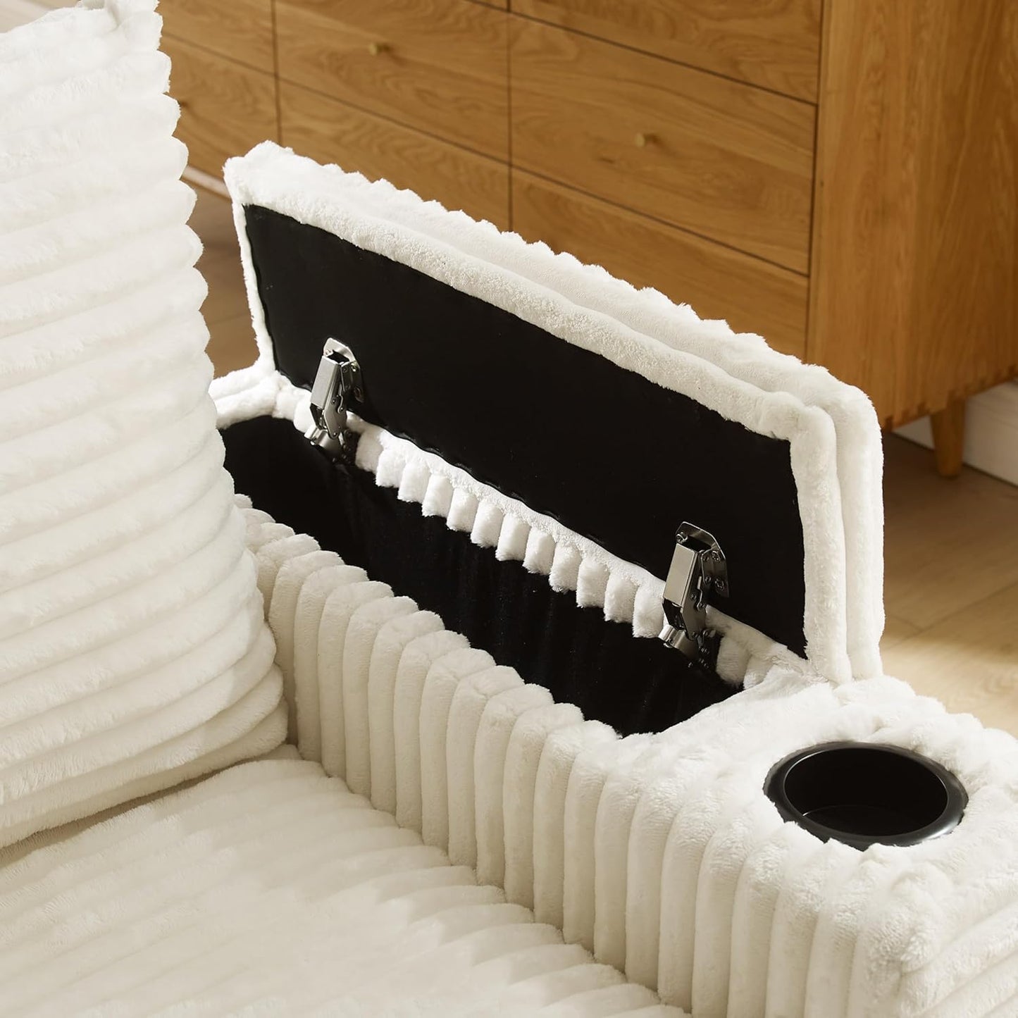 Modular Sectional Sofa Couch, Plush Corduroy Fabric Sectional Couches for Living Room with USB Charging Ports, Phone Holders, and Multi-Functional Storage Armrests (White, 3set+1ottoman)