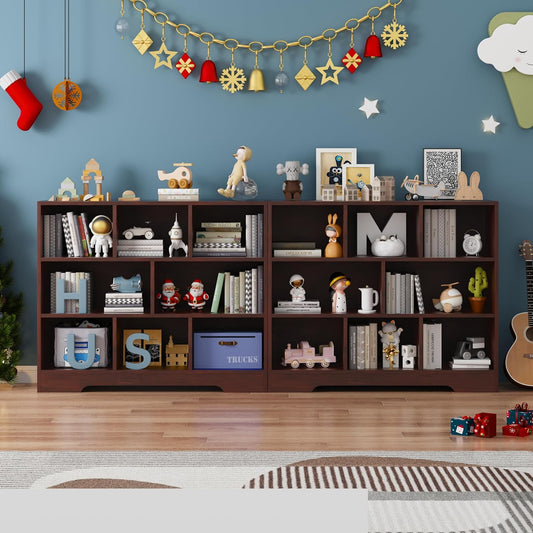 Book Shelf Set of 2, 8 Cubes Storage Organizer, 3-Tier Open Shelf Wooden Bookcase, Freestanding Cherry Bookshelf Cube Shelf for Bedroom, Living Room, Home Office