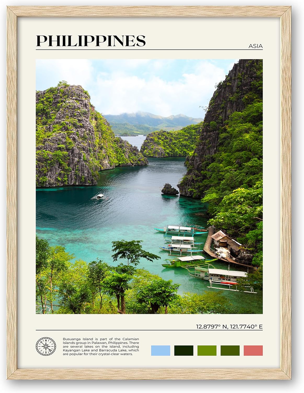 HesenDot Natural OAK Wood Framed Philippines Natural Scenery Wall Art,12x16in Busuanga Island Landscape Canvas Print,Urban Landmark Wall Decor for Living Room,Bedroom,Office Gallery,Set of 1