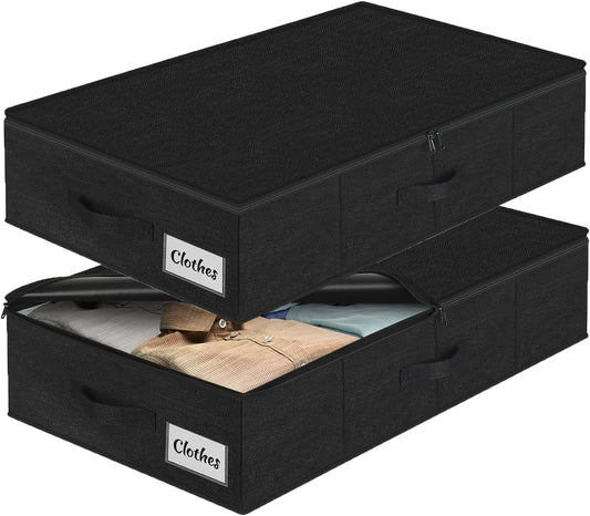 Under Bed Storage Container Bins 2 Pack, Low Profile Foldable Underbed Clothes Storage Organizer W/ Ultra Thick Fabric and Sturdy Bottom/Sides, Dual Zipper Storage Box for Dorm and Home 30x16x6.7"