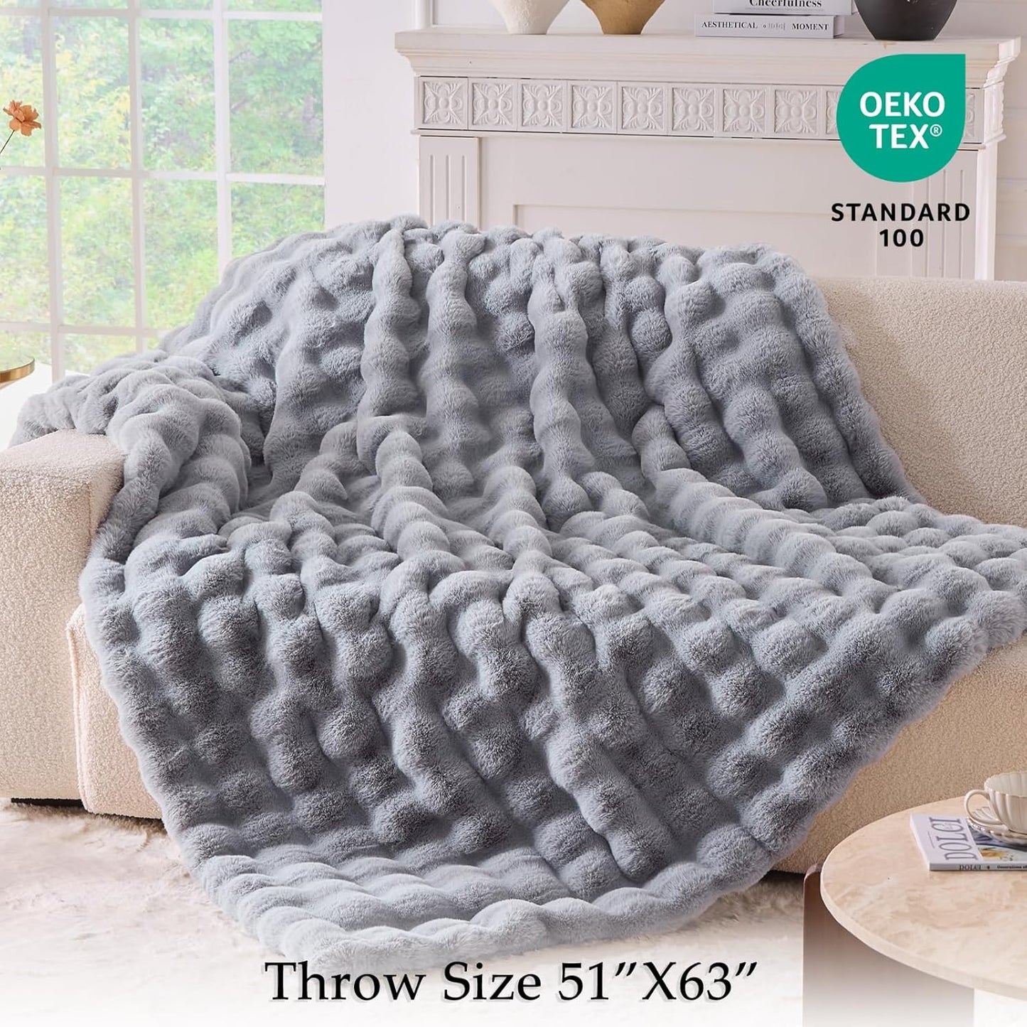 BENVWE Fluffy Faux Fur Throw Blanket for Couch, Soft Plush Thick Cozy Fuzzy Luxury Minky Bubble Blanket for Home Living Room Decor Gift for Women, Light Grey, 51" x 63", 1100GSM