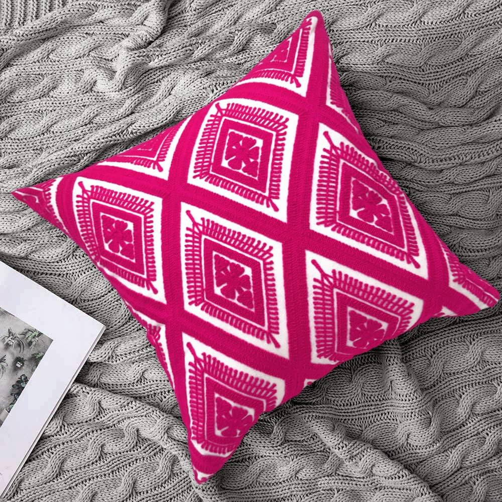 Alysheer Embroidered Decorative Throw Pillow Covers 18x18 inches Set of 2 Pieces, Boho Geometric Modern Chic Classic Pattern Cotton Cushion Cases for Sofa Couch Bed Living Room(Bright Hot Pink)