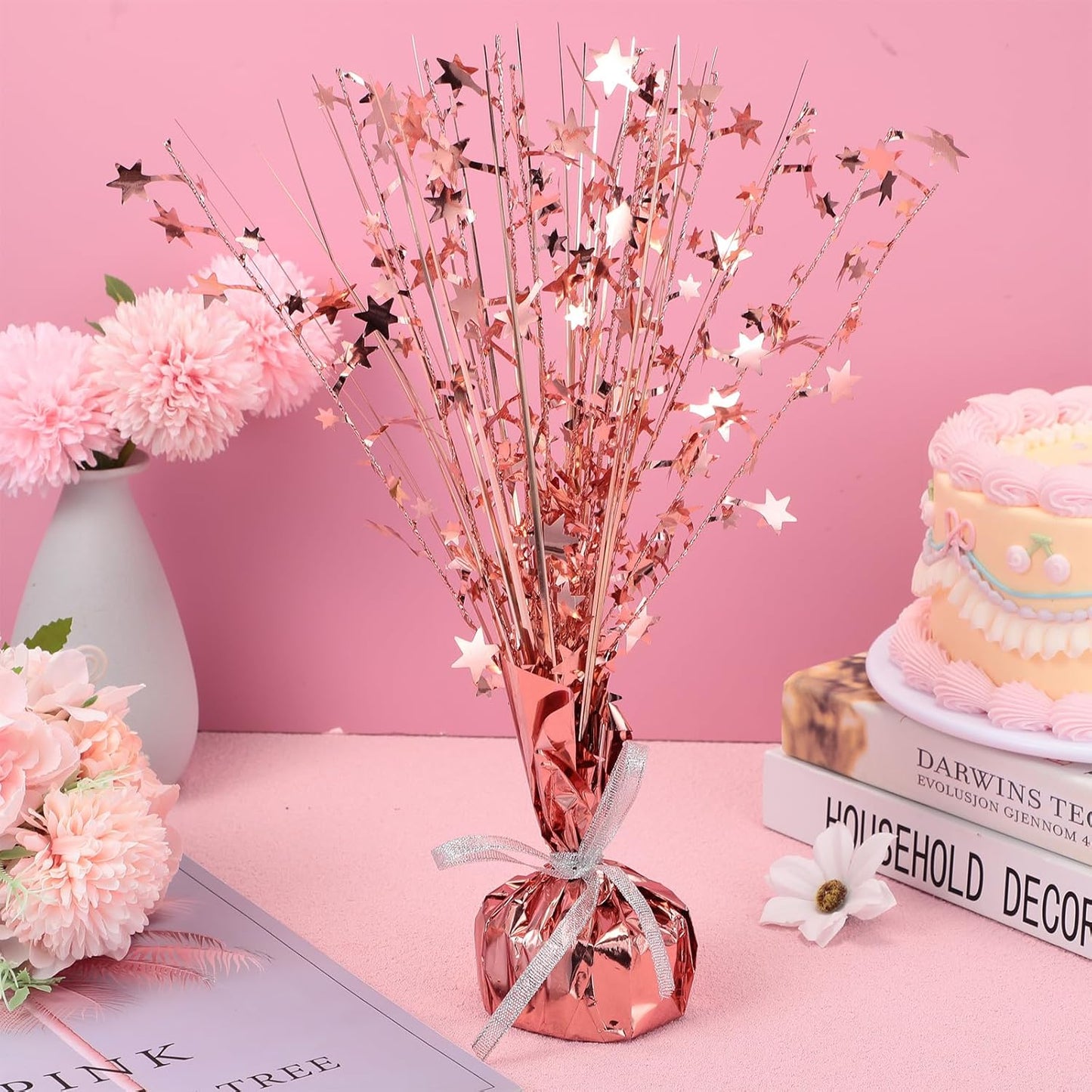 Crowye 18 Pieces Metallic Foil Spray Centerpiece Party Star Table Decoration Burst Metallic Table Centerpieces for Birthday Party Season Holiday(Rose Gold)