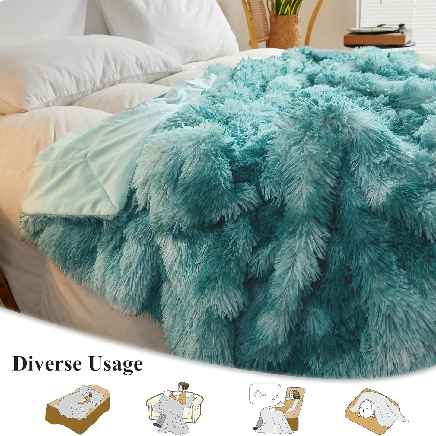 XeGe Luxury Faux Fur Blanket, Tie Dye Teal Soft Fluffy Throw, Shaggy Plush Decorative Couch Blanket, Turquoise Bed Furry Fuzzy Throw for Bedroom Living Room, Tie Dye Teal, 60x90