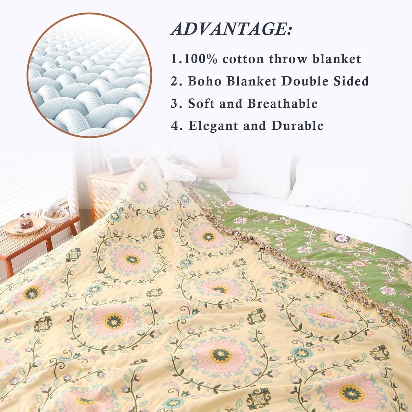 Snycler Boho Throw Blanket 60"x80" - 100% Cotton Ultra Soft Rustic Quilt, Green Floral Printed Farmhouse Decor for Bed, Sofa, Couch, Chair - All Season Cozy Blanket