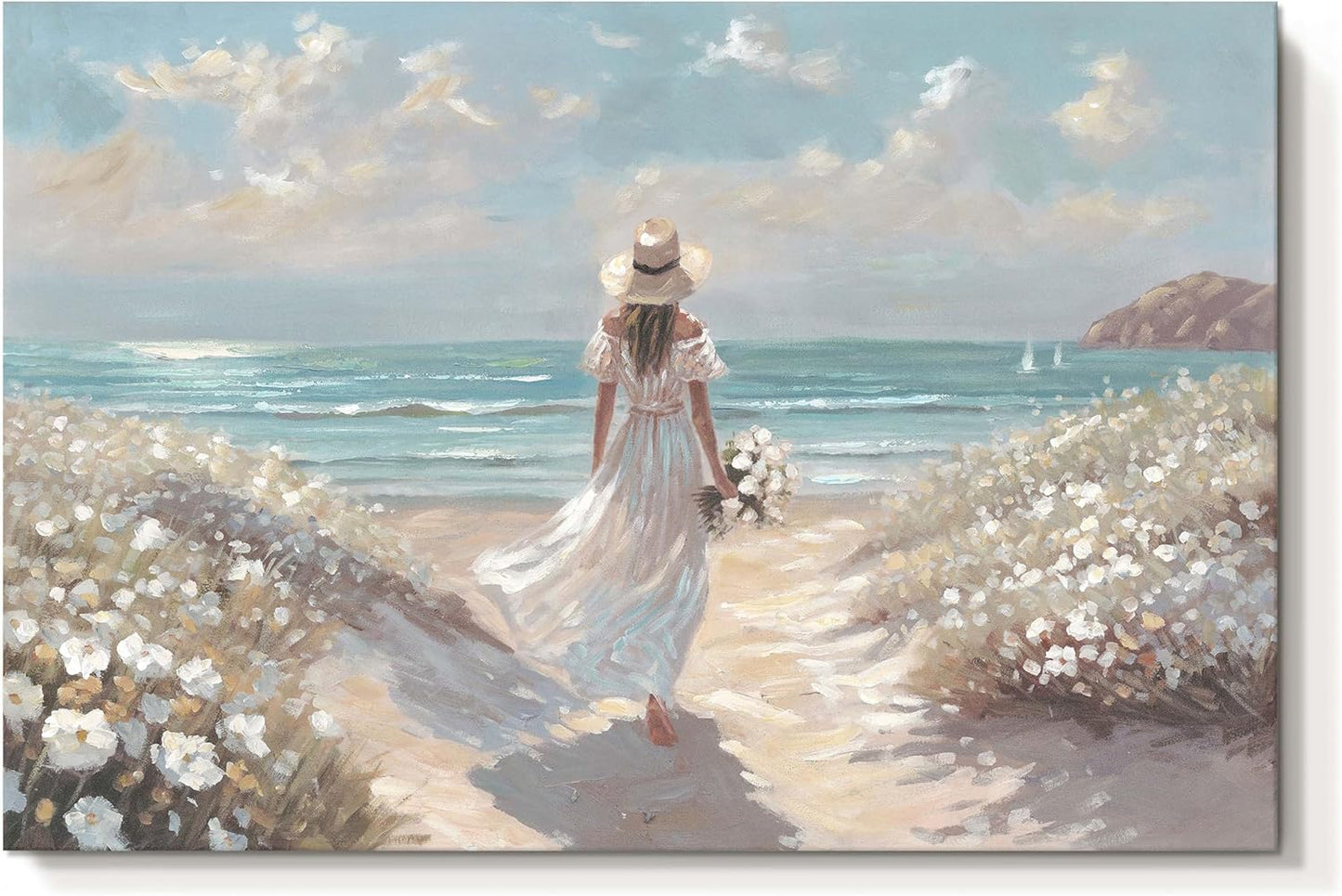 cozy country Beach Wall Art 45"x30" - Coastal Pictures Ocean Canvas Decor - Nautical Artwork Seascape Hand Painting for Girls Room, Bedroom, Sea House