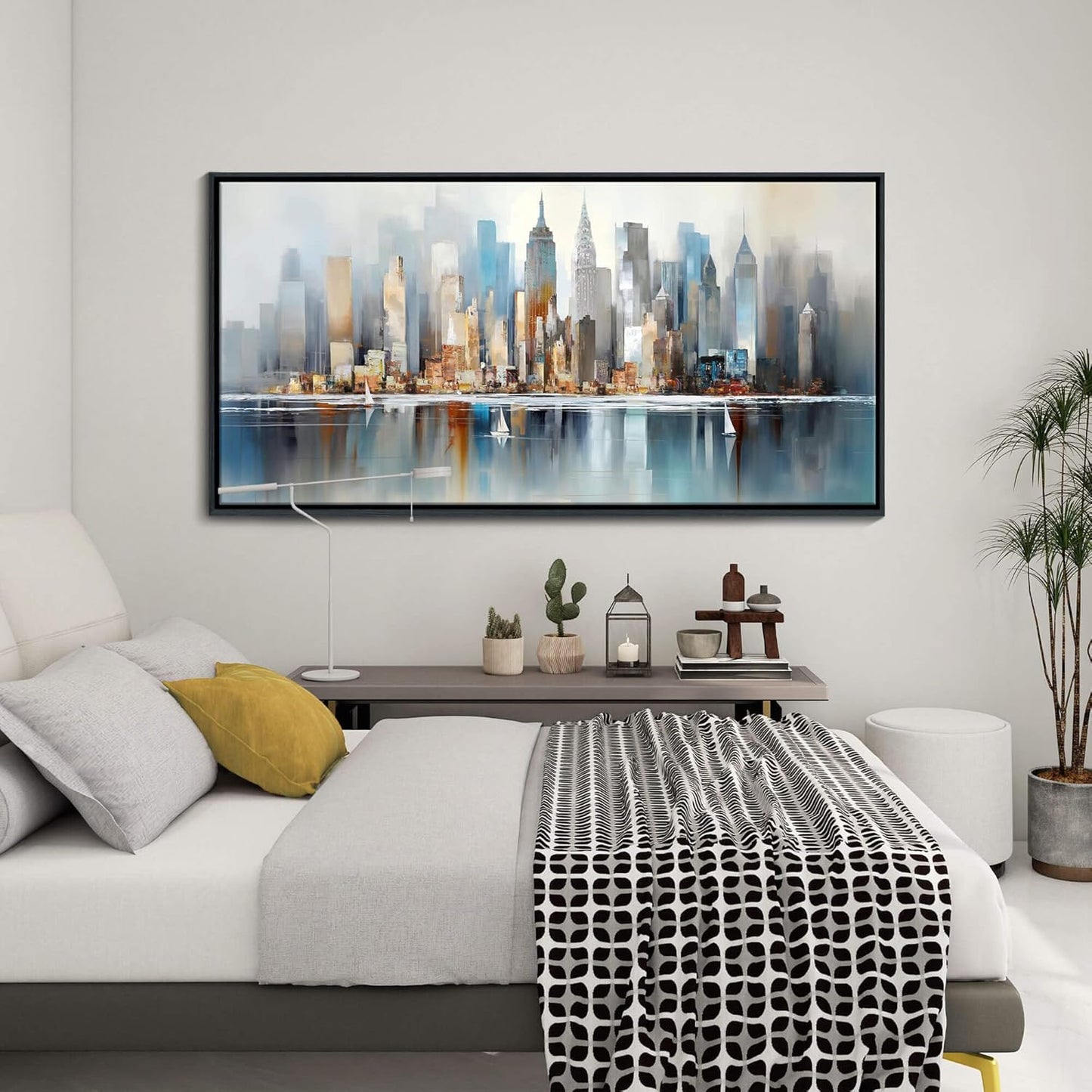 DUNHUANG ART Modern New York City Skyline Wall Art - Large Framed Abstract Canvas Painting for Home & Office Decor - Vibrant NYC Cityscape Picture - 30"x60"