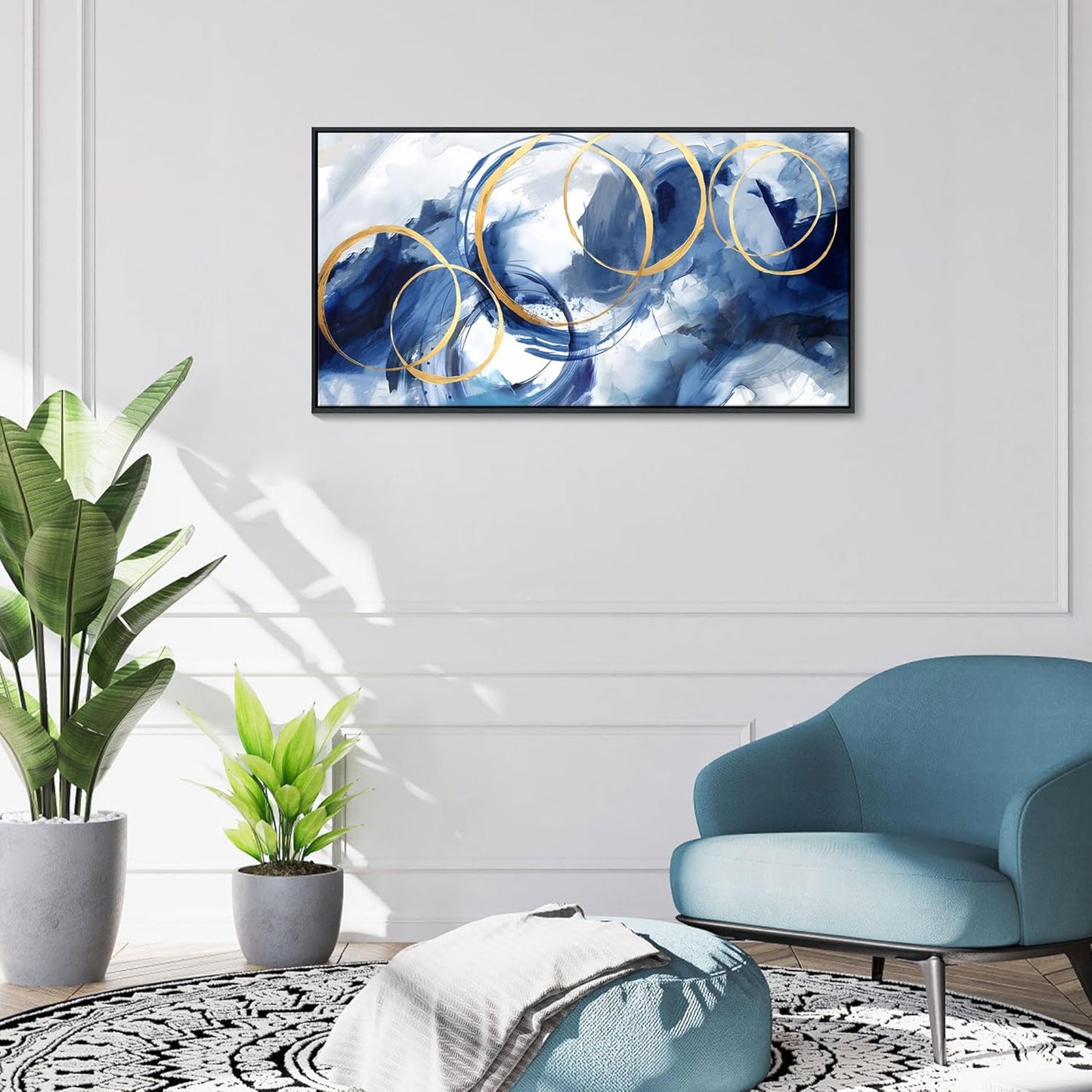 AJAZIKO Blue Abstract Wall Art Modern Navy Blue and Gold Pictures for Living Room Paintings Office Artwork Wall Decor Framed Canvas Wall Art Bedroom Wall Decor Above Bed 20×40IN