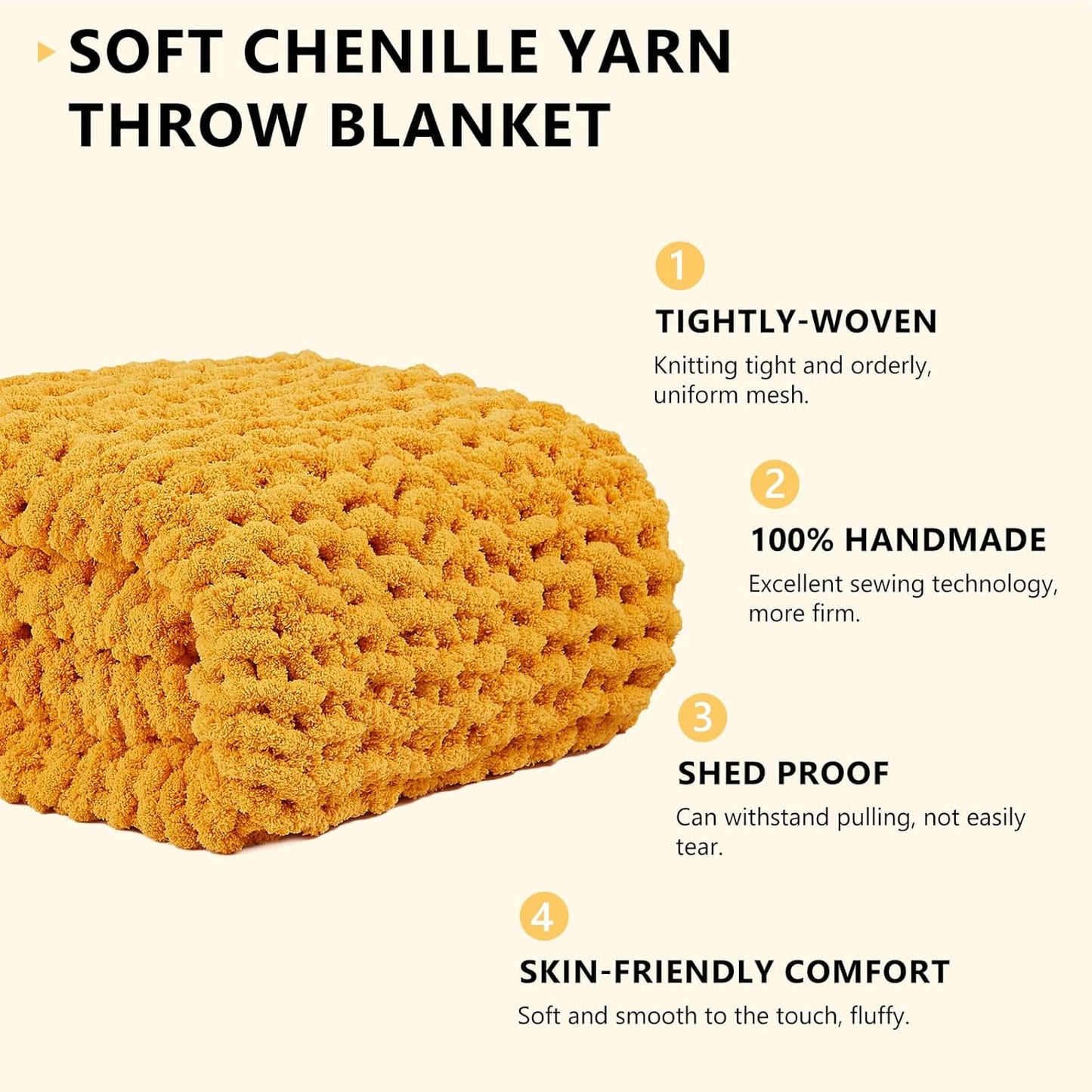 L'AGRATY Chunky Knit Blanket Throw - Soft Throw Blanket 50x60: 100% Hand Knitted Chenile Crochet Throw for Home Decor - Mustard Yellow