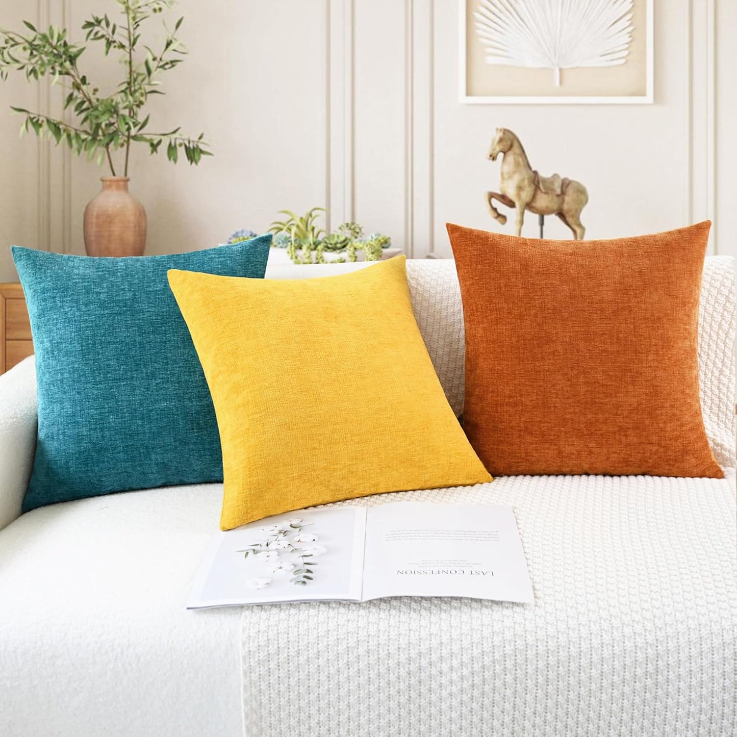 CaliTime Fall Throw Pillow Covers Decorative 22 X 22 Inches Pack of 2 Cozy Chenille Cushion Cases for Couch Sofa Bed Living Room Home Burnt Orange