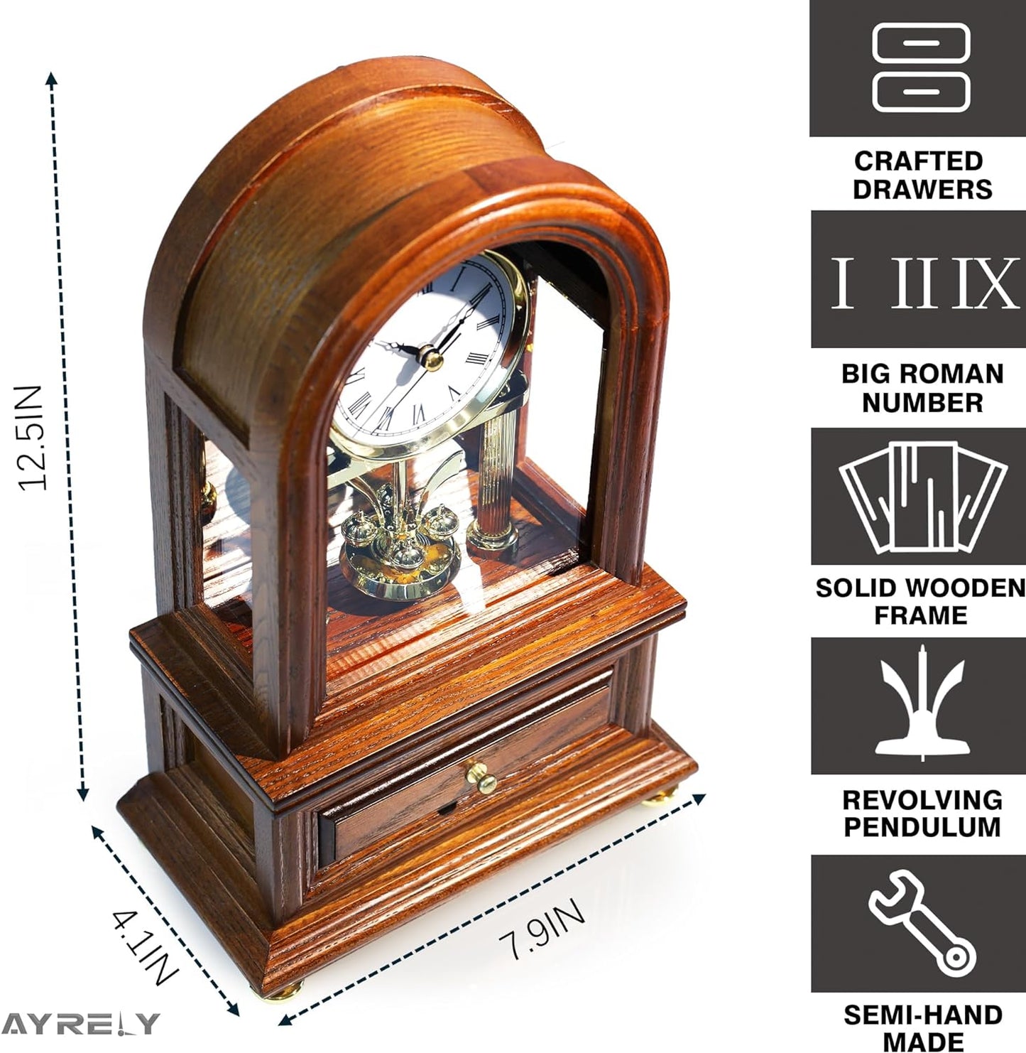 AYRELY® Wooden Table Anniversary Clock, Antique Shelf Clocks, Revolving Pendulum Mantel Clocks, Desk Grandfather Clock for Living Room, Home Decor Gift