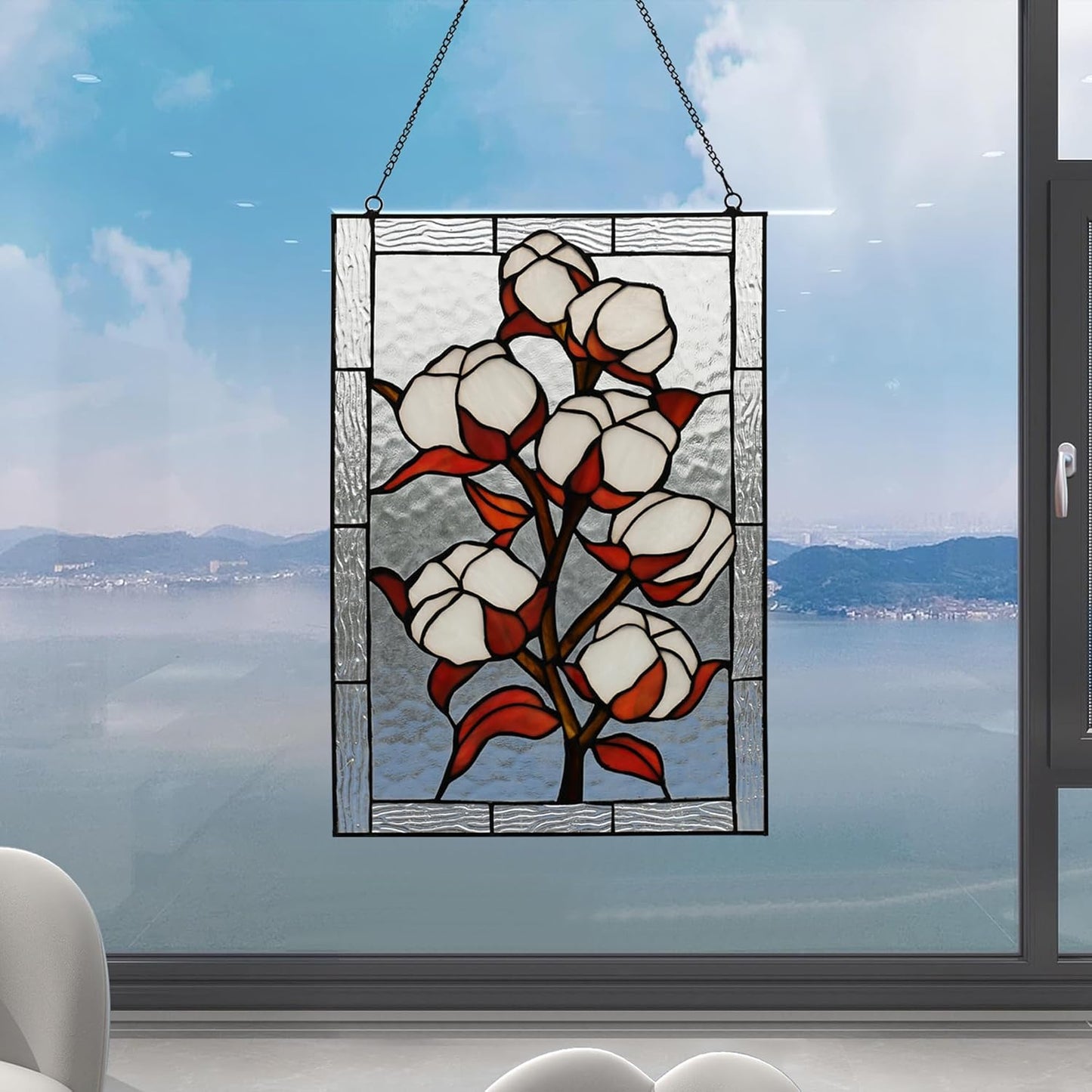 YOURANJU Stained Glass Window Hanging 16" H x 11" W Tiffany Style Rectangular Window Panel Suitable for Living Room Bedroom Kitchen Window Decoration Hangings with Chain (Plum bossom)