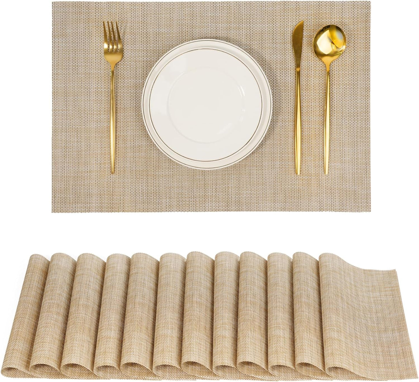 Placemats Set of 12，Non-Slip PVC Weave Table Mats Easy to Clean，Heat Resistant Place Mats for Kitchen Dining Table Decoration Indoor Outdoor，Beige