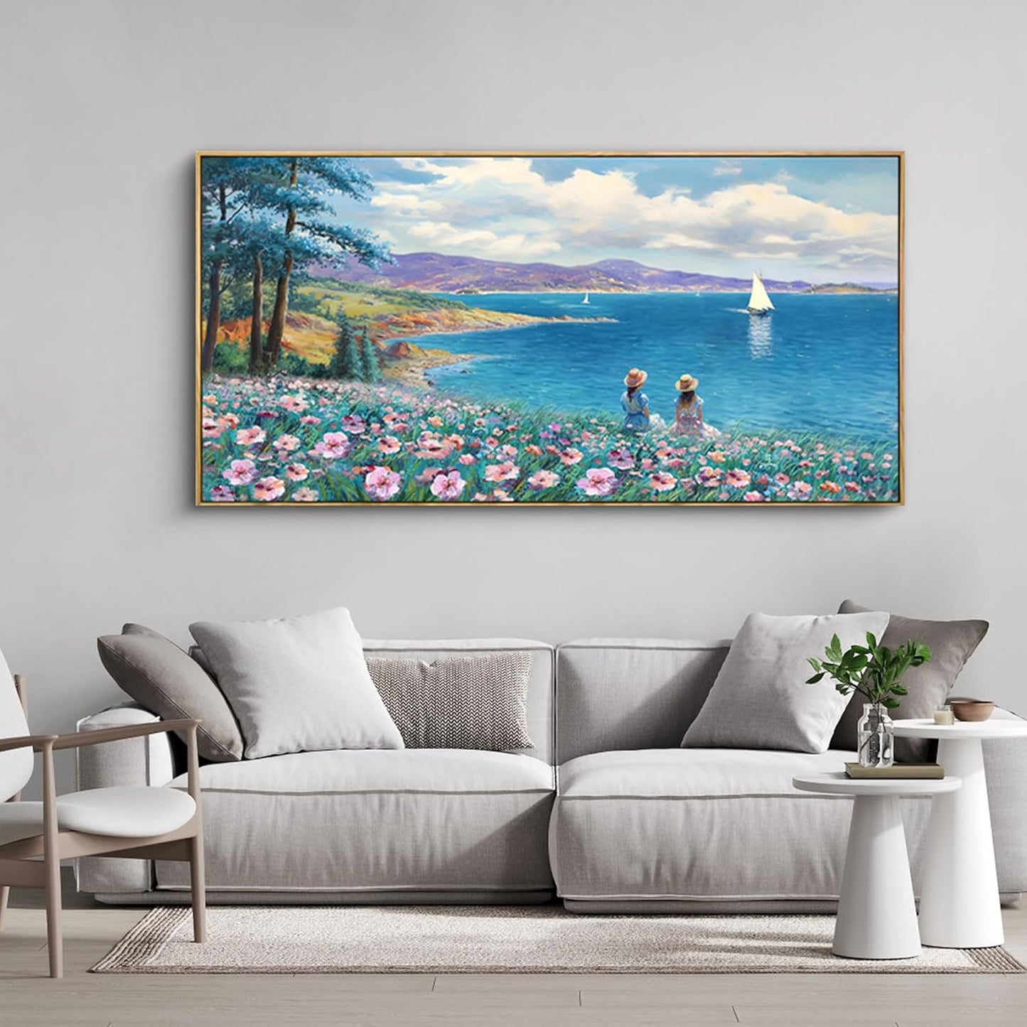 XLSJERST Landscape Wall Art - Blue Ocean Pink Flower Sailboat Mountain Tree Decor Orange Frame Artwork for Wall Large Picture for Living Room Bedroom Home Office Wall Decoration Size 20x40