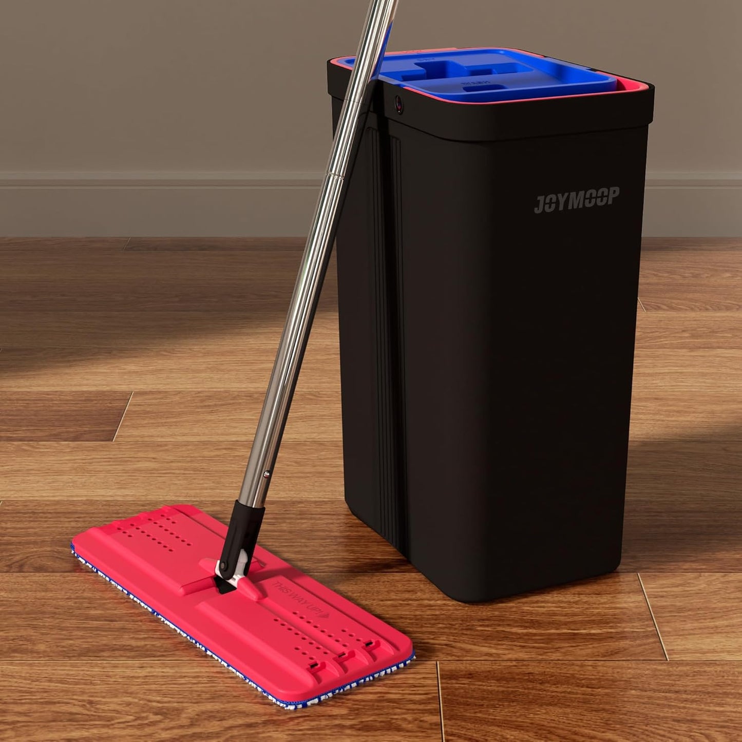 JOYMOOP Mop and Bucket with Wringer Set, Hands Free Flat Floor Mop and Bucket, with 4 Washable Microfiber Pads, Wet and Dry Use, Floor Cleaning System - Black+Red+Slate Blue