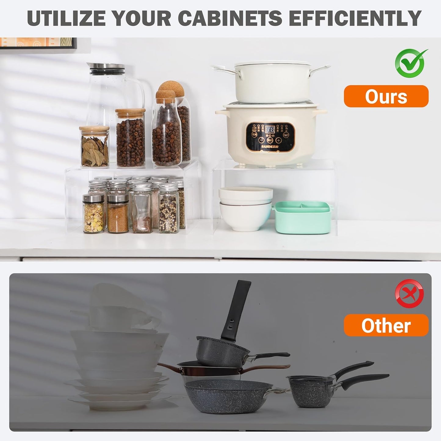 Acrylic Kitchen Cabinet Organizer Shelf, Spice Rack, Plate and Cupboard Storage Riser, Versatile Pantry Shelf, Durable Clear Countertop Organizer for Home and Kitchen(4 PCS)