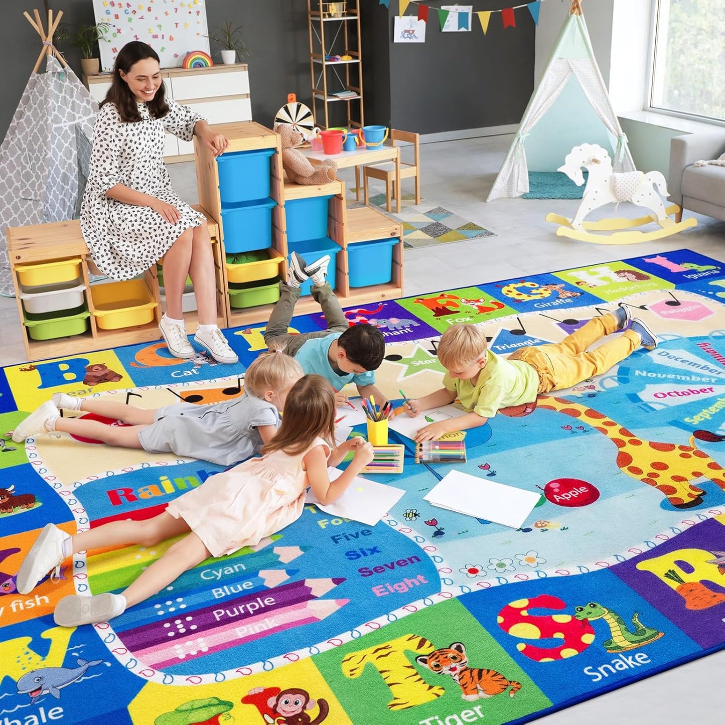 Kids Rugs for Playroom Bedroom Classroom Nursery, Non-Slip and Washable Rugs for Children Toddlers Girls, Educational and Fun Rug Carpets with ABC Alphabet Animals Shapes, 6x9, Blue