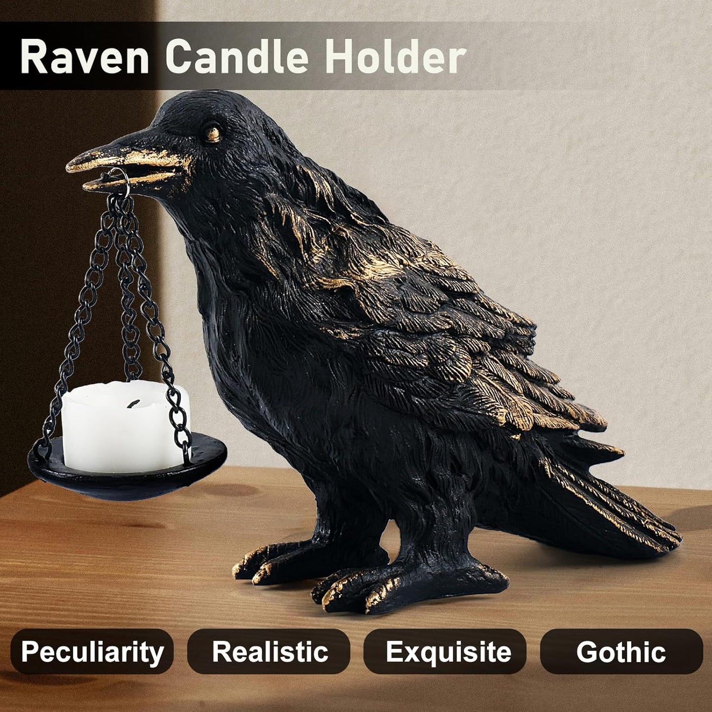 Raven Gothic Home Decor Fake Crow Light Holder Raven Lamp Tealight Candle Holder Resin Raven Statue Wearing Gold 2PCS