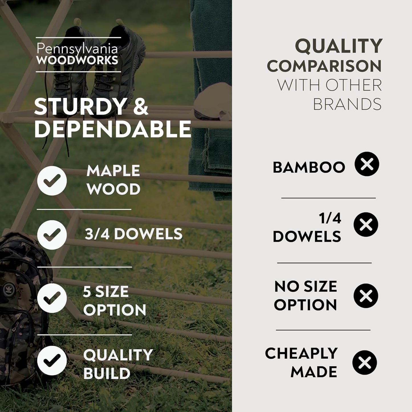 Pennsylvania Woodworks Clothes Drying Rack: Solid Maple Hard Wood Laundry Rack for Blankets, Towels, Bedding & More, Heavy Duty Folding Drying Rack, Made in USA, No Assembly Needed, XXLarge