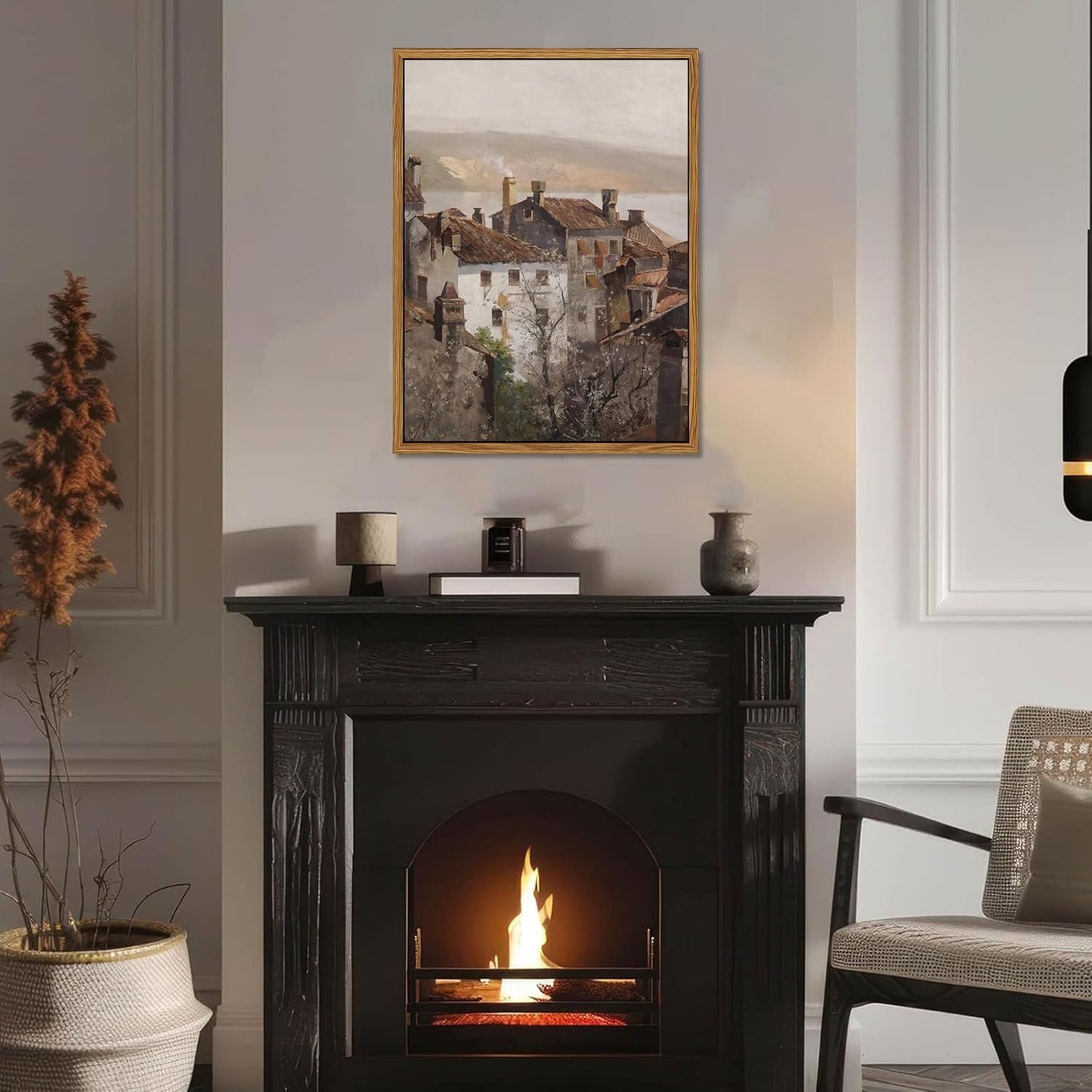 Floating Framed Vintage Canvas Wall Art, European Country Towns Wall Decor Oil Paintings Artwork, Rustic Farmhouse Posters Prints Pictures for Living Room Hallway Bedroom 16x24 inch