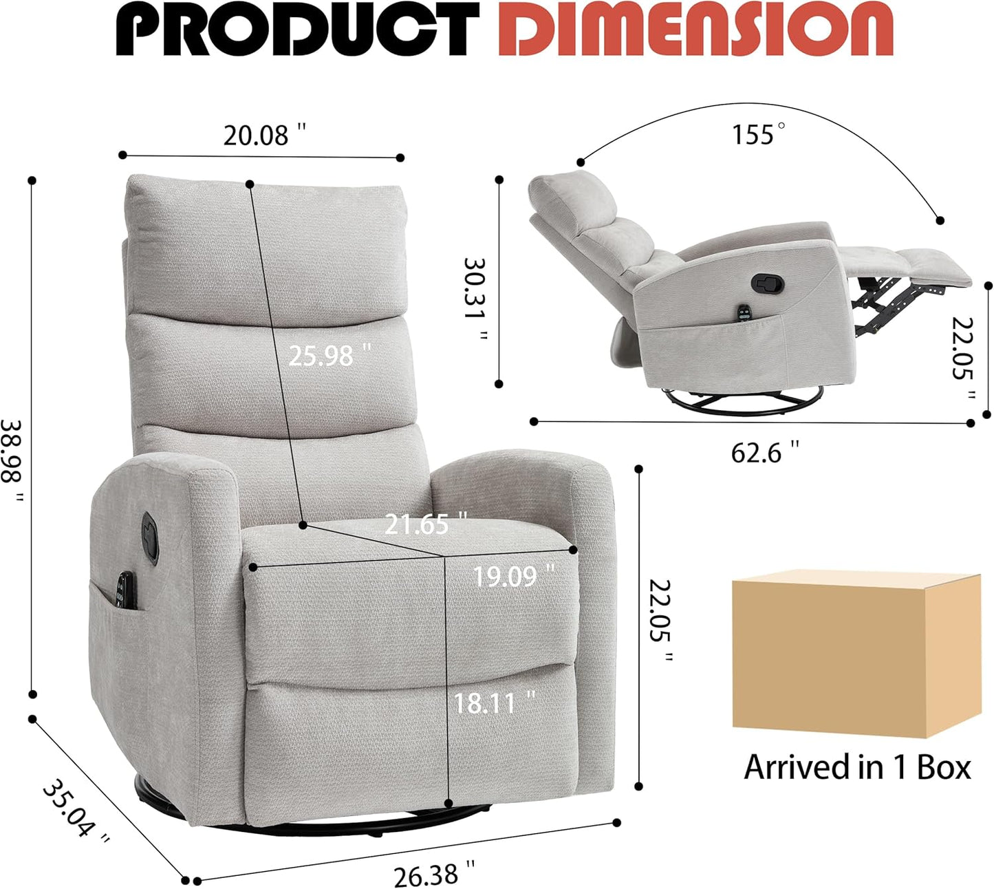 Manual Swivel Rocker Recliner Chair for Adults, Overstuffed Reclining Glider Chair for Nursing with Vibration Massage & Heat, Living Room Rocking Recliner 3-Stage backrest, Chenille Fabric Light Gray