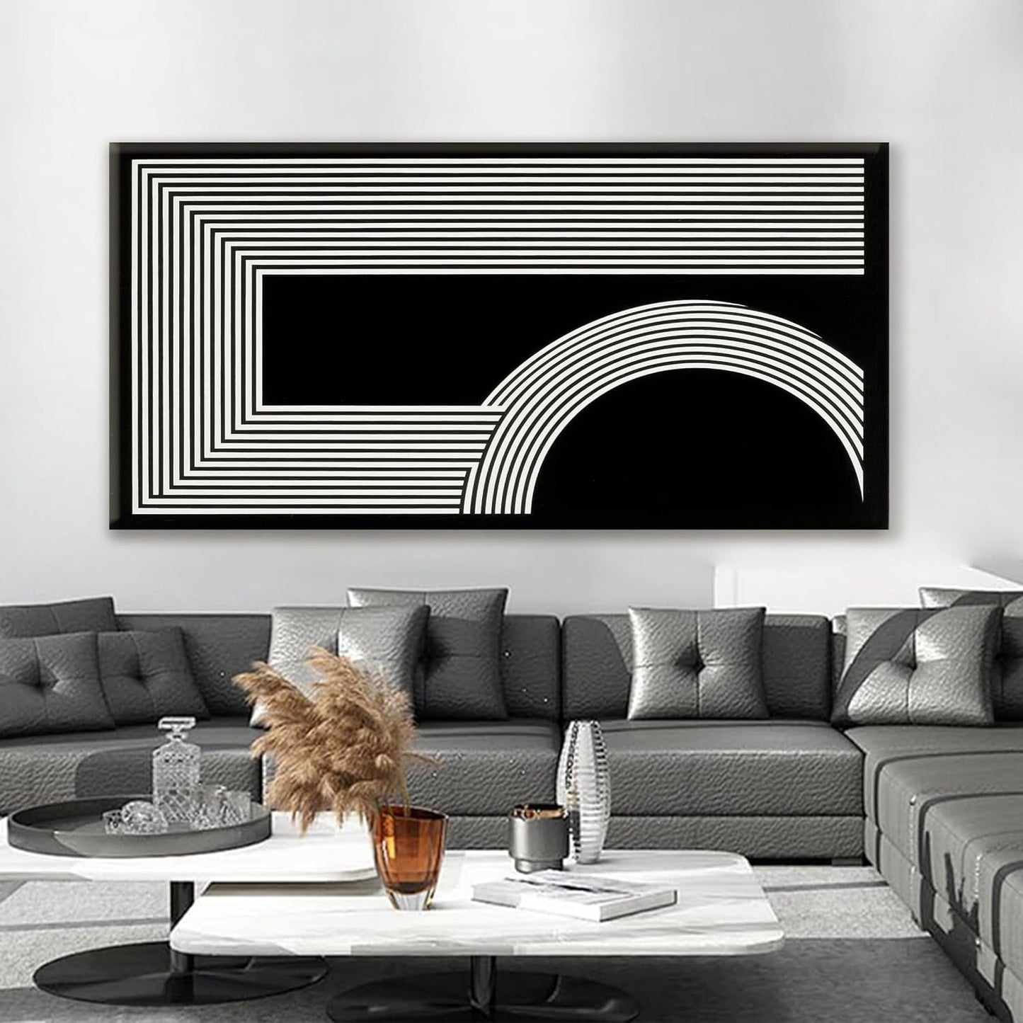 Large Abstract Wall Art Black And White Wall Art Geometric Line Wall Print Painting Artwork Canvas Art Wall Decor Simple Picture Artwork For Living Room Bedroom Office Home Wall Decor 29"X 58"