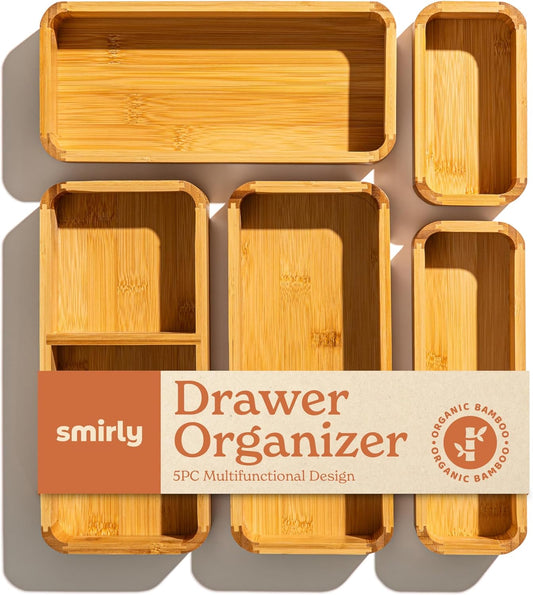 SMIRLY 5-Piece Bamboo Kitchen Drawer Organizer Set for Large and Small Utensils, Multi-use Storage Box - Bathroom, Nightstand, Jewelry, Cutlery, Knife, Spice, Towel, Junk Drawer Tray