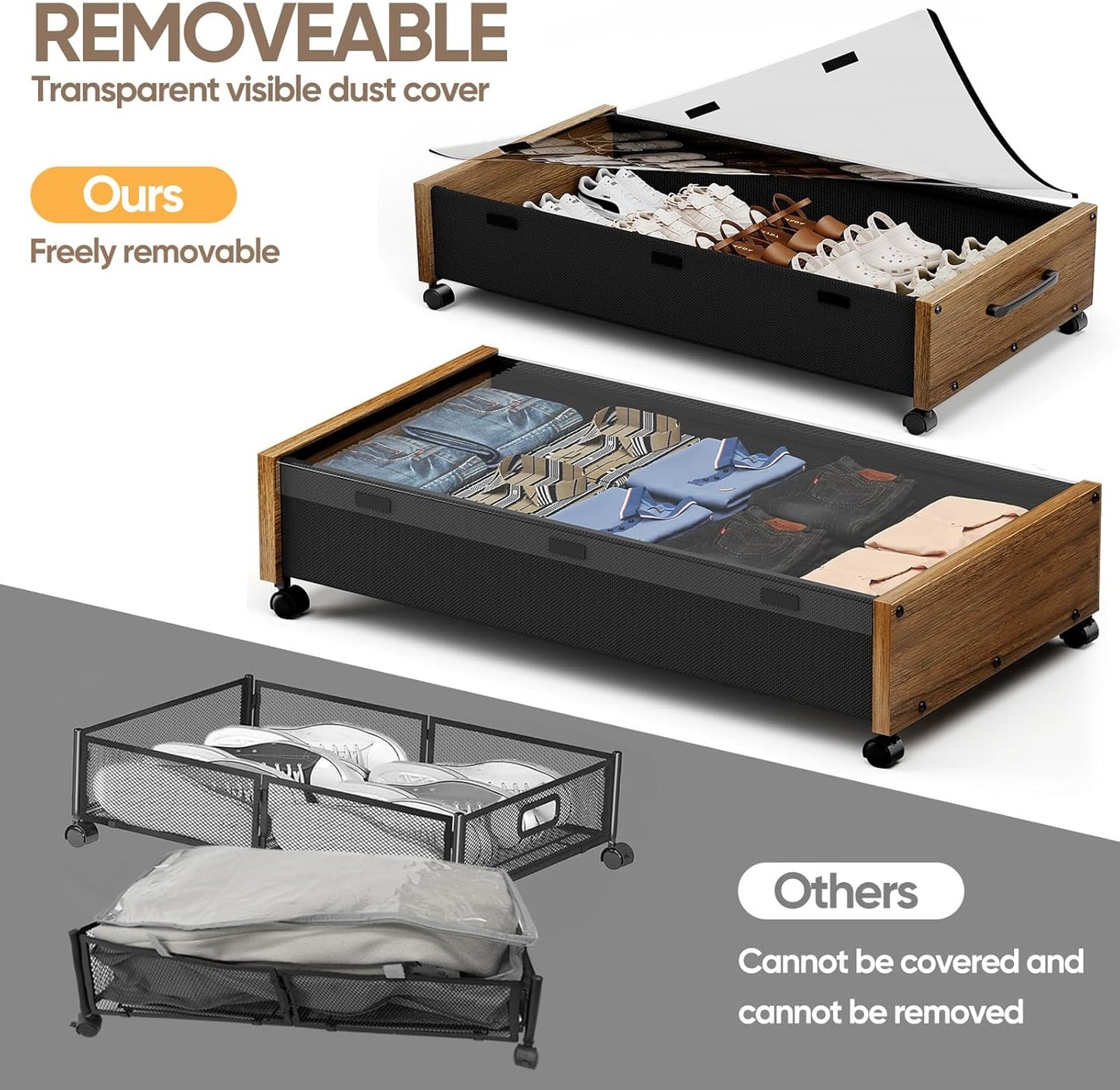 Wooden Under Bed Storage with Wheels, Rolling Under the Bed Storage Bins with Removable Lid, Metal Under Bed Drawers for Clothes and Shoes in Bedroom or Living Room(Walnut Brown-2pack)