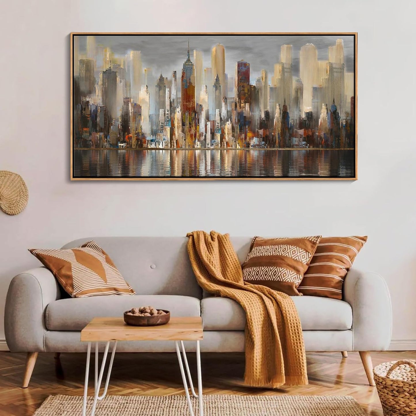 Mofutinpo Abstract Modern Canvas Wall Art for Living Room Cityscape New York Wall Decor City Theme Paintings Brown Framed Pictures Office Artwork Wall Decor Bedroom Above Bed