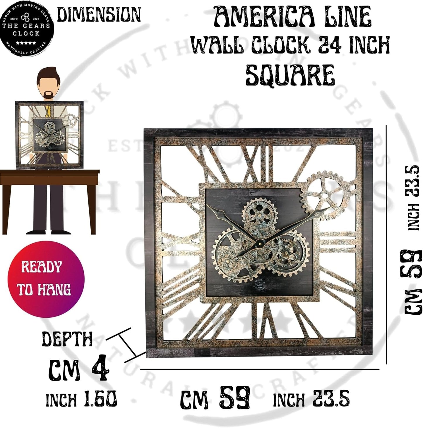 The Gears Clock 24'' Inch Square Real Moving Gear Wall Clock Vintage Industrial Oversized Rustic Farmhouse (Desert Beige)