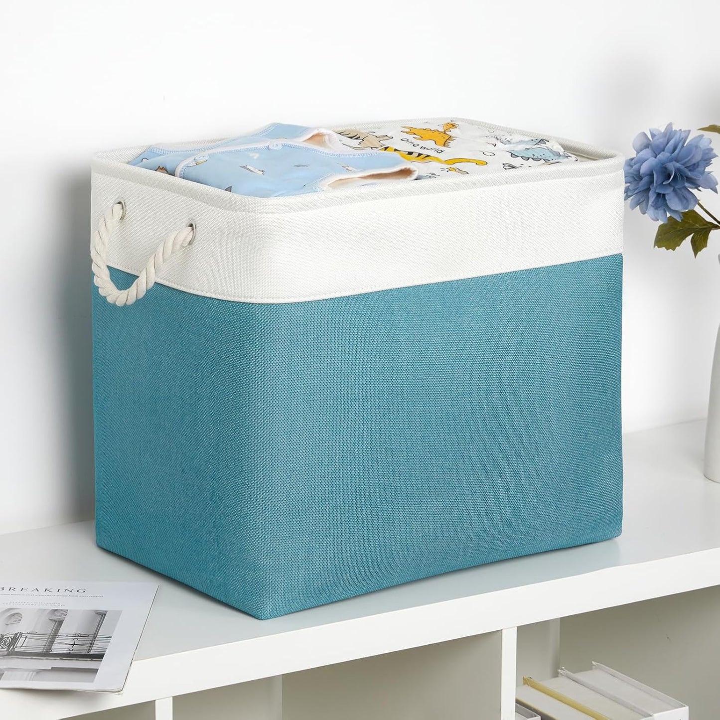 Bidtakay Extra Large Storage Baskets for Shelves 3 Pack Fabric Storage Bins for Organizing Linen Collapsible Organizer for Closet-White&Teal
