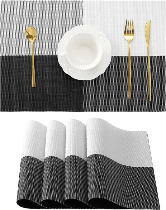 Leetaltree Gray with White Grid Pattern Placemats Set of 4 - Heat Resistant Non-Slip Place mats for Dining Table, Washable Durable PVC Vinyl Woven Table Mats（Grey Grid, 4）