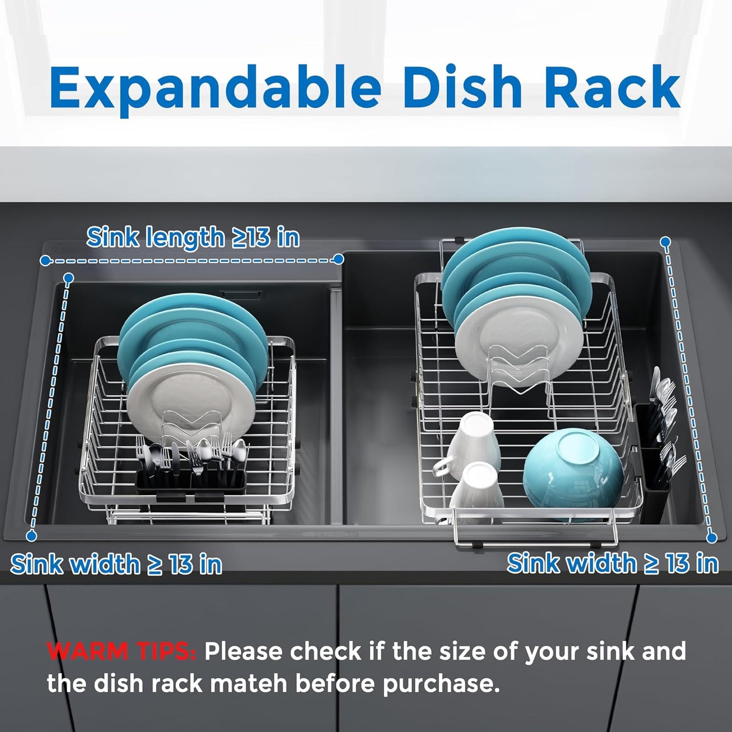 MAJALiS Expandable in Sink Dish Drying Rack - Adjustable Capacity (11.3''-17''L) Stainless Steel Over Sink Dish Drainers Rack for Kitchen Sink with Utensil Holder, Silver