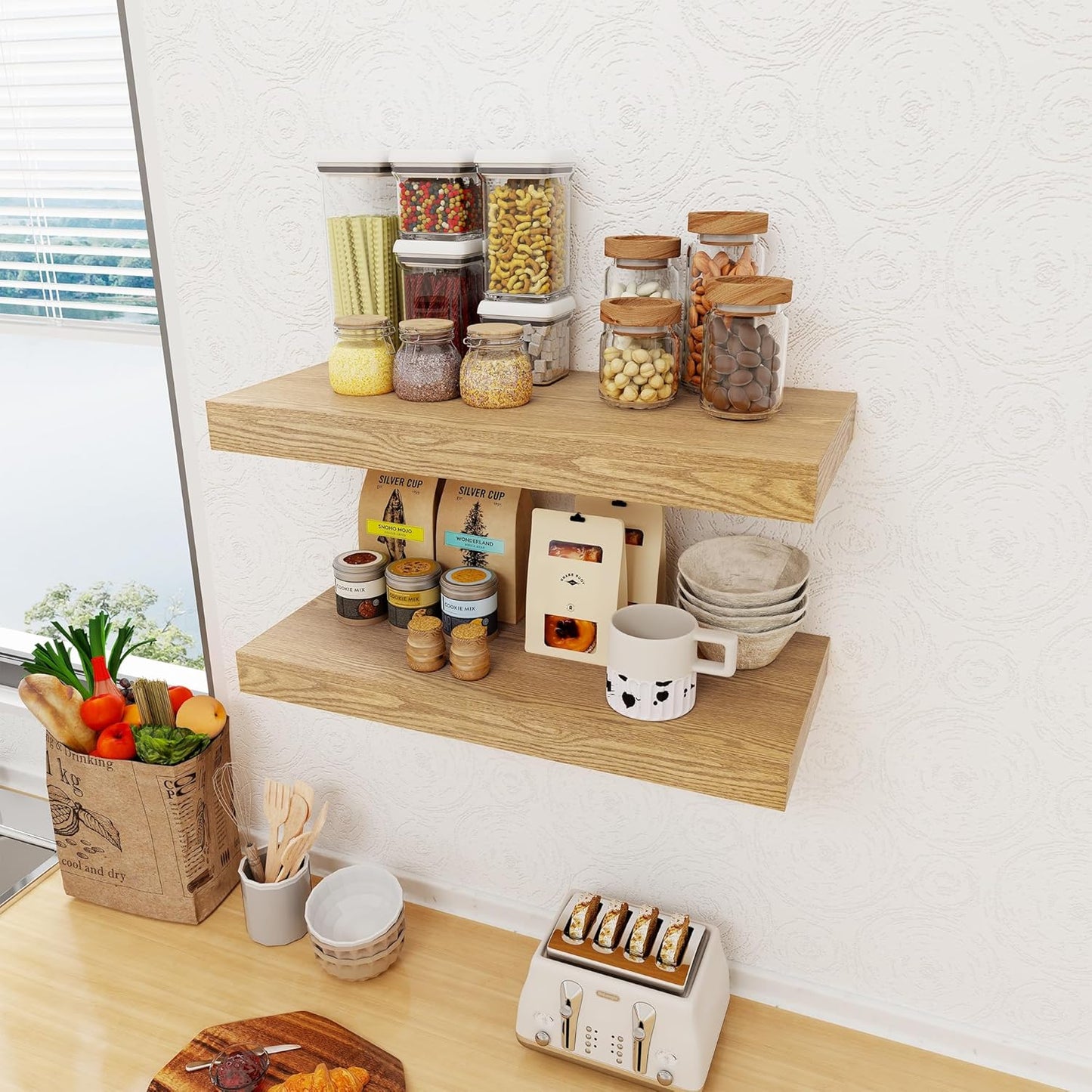 12 Inch Deep Floating Shelves, 24 x 12 Floating Shelf for Books, Rustic Wood Deep Wall Shelves for Home Storage & Display, 2" Thicked Shelves for Kitchen, Living Room, Bedroom, Oak Color, 1 Pack