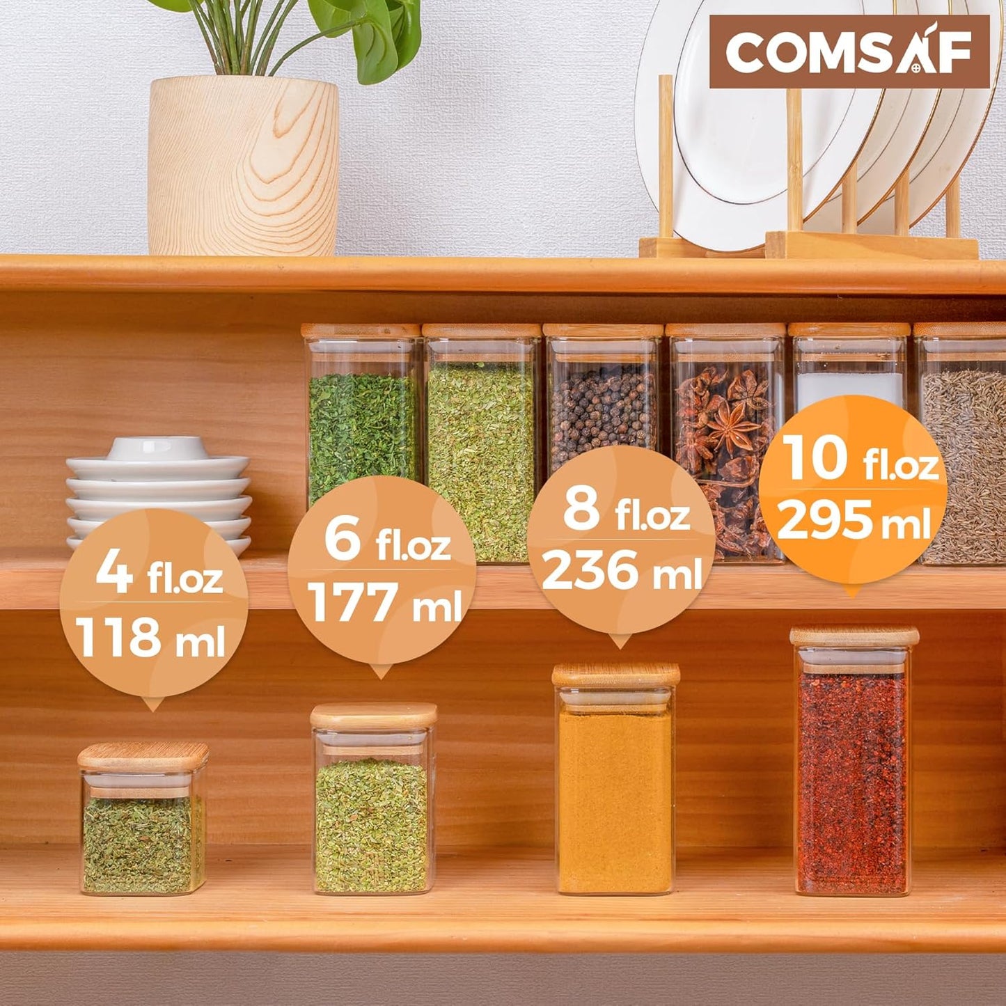 ComSaf 16Pcs Glass Spice Jars with Bamboo Lid, 10oz Airtight Square Containers with 275 Black Lables, Empty Seasoning Jars for Spice Salt Sugar