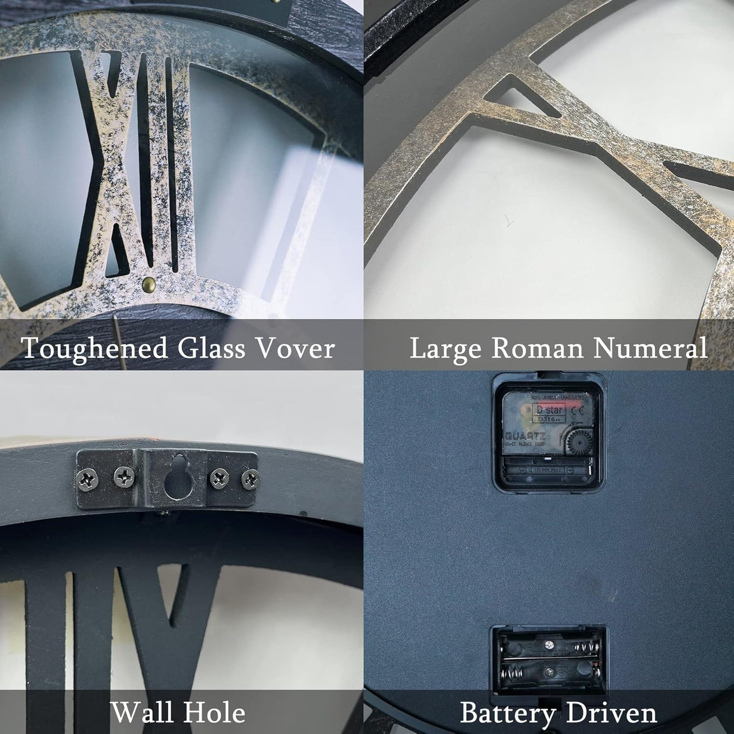 36 Inch Moving Gear Wall Clock, Oversized Wall Clocks, Clock Living Room Decor, Solid Wood Frame, Battery Operated, Large Wall Clock with Steampunk Industrial for Fireplace(Gray)