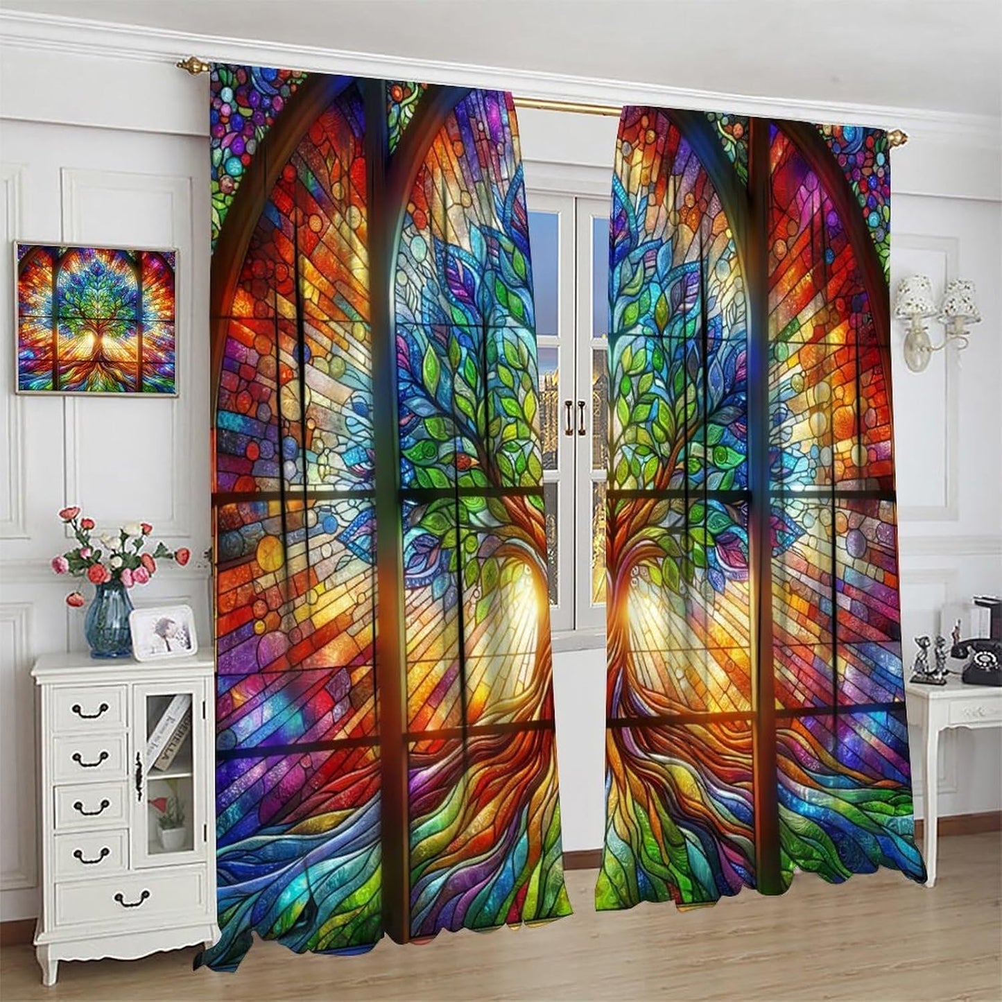 Stained Glass Curtains,Tree of Life Colorful Abstract Art Home Decor Drapes for Bedroom Living Room Kitchen Window Treatment 2 Panels Set Total Size 84" W X 84" L Inch