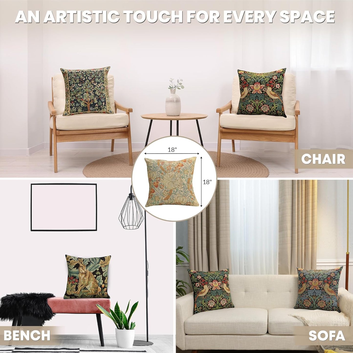 Charlotte Home Furnishings Throw Pillow Covers, Decorative Boho Pillow Cover for Couch, Living Room, Golden Lily Light Square Cushion Cases 18x18 in, European Cotton Jacquard Woven, Cozy Bedroom Decor