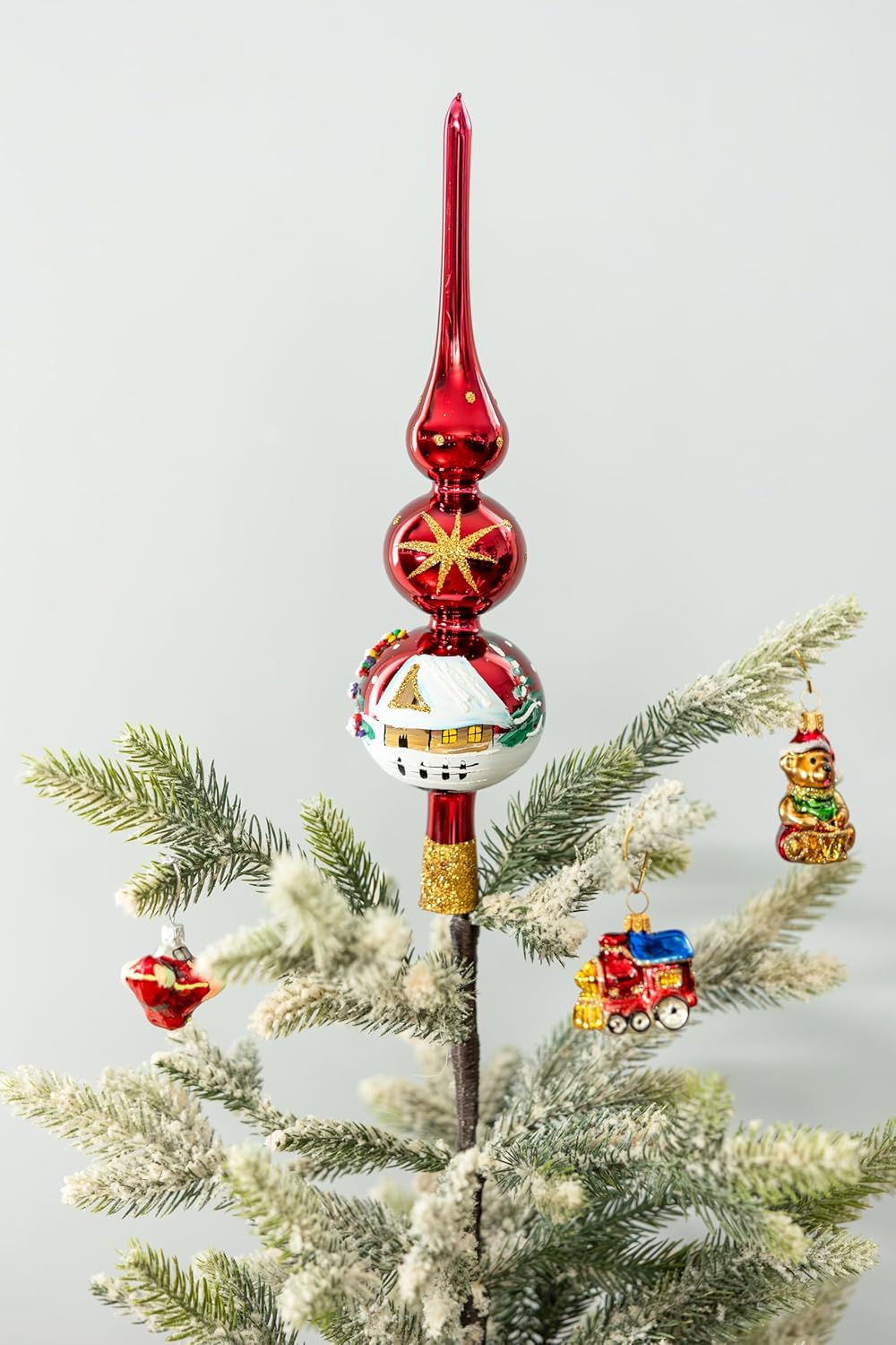 Christmas Tree Topper Spitz Glass Mouth Blown Hand-Decorated Embellishments (Burgundy, 12 inch)