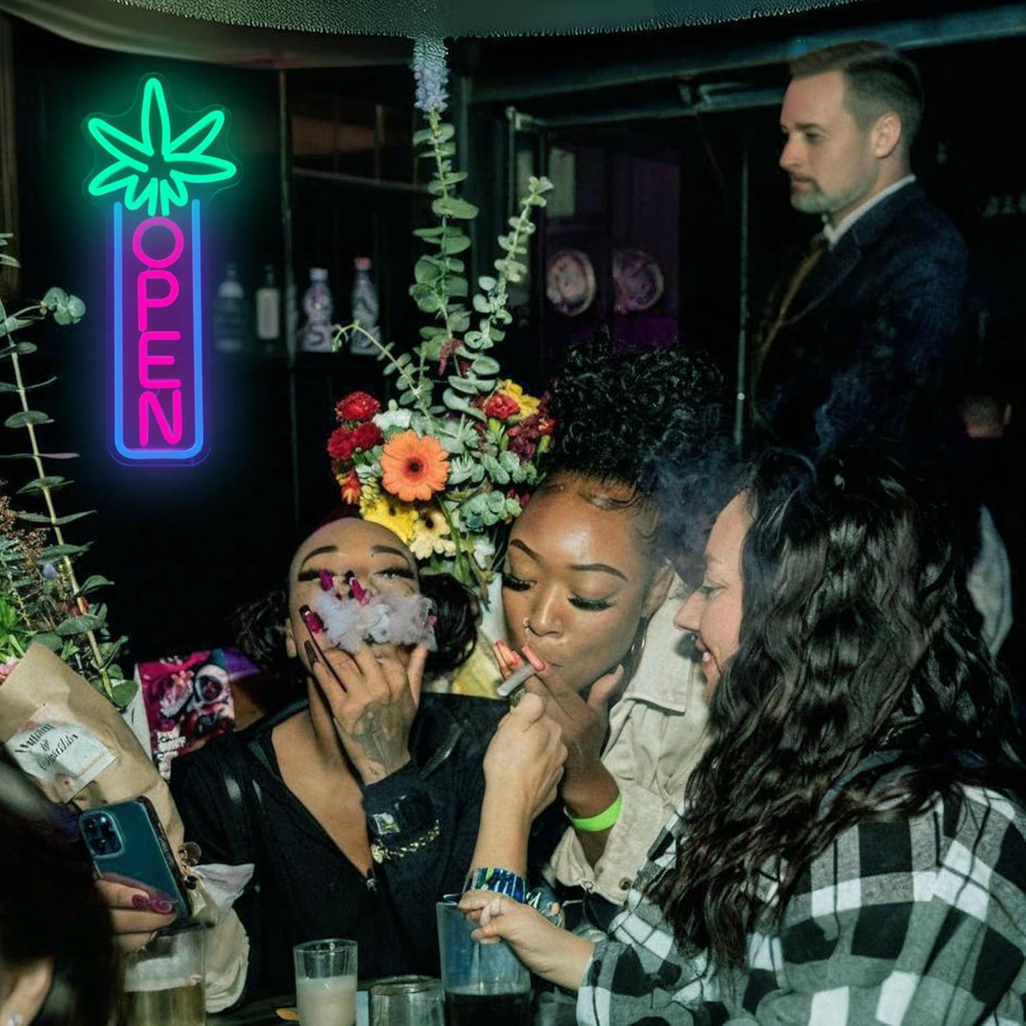 Green Leaf Neon Sign Dimmable Open Neon Lights for Wall Decor LED Neon Sign by USB Powered LED Neon Open Sign For Dispensary Beer Bar Man Cave Coffee Store Hotel Wall Party Decorations 16.8''x7''