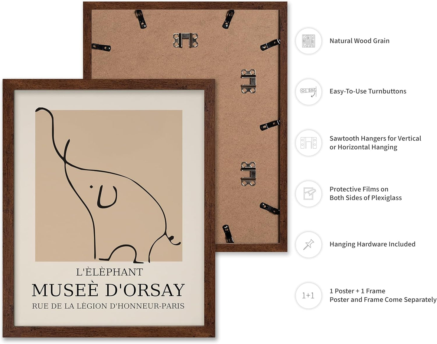 Poster Master Vintage Poster - Retro Minimalist Print - Gift for Artist, Housewarming - Elephant, Line Drawing, Sketch, Abstract - Wall Decor for Living Room, Bedroom, 11x14 Brown Framed