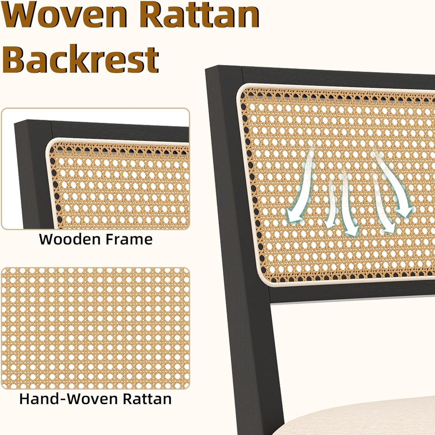 Westice Rattan Dining Chairs Set of 4, Farmhouse Natural Dining Room Chairs with Upholstered Cushion, Wood Armless Chairs for Kitchen/Restaurant, Black