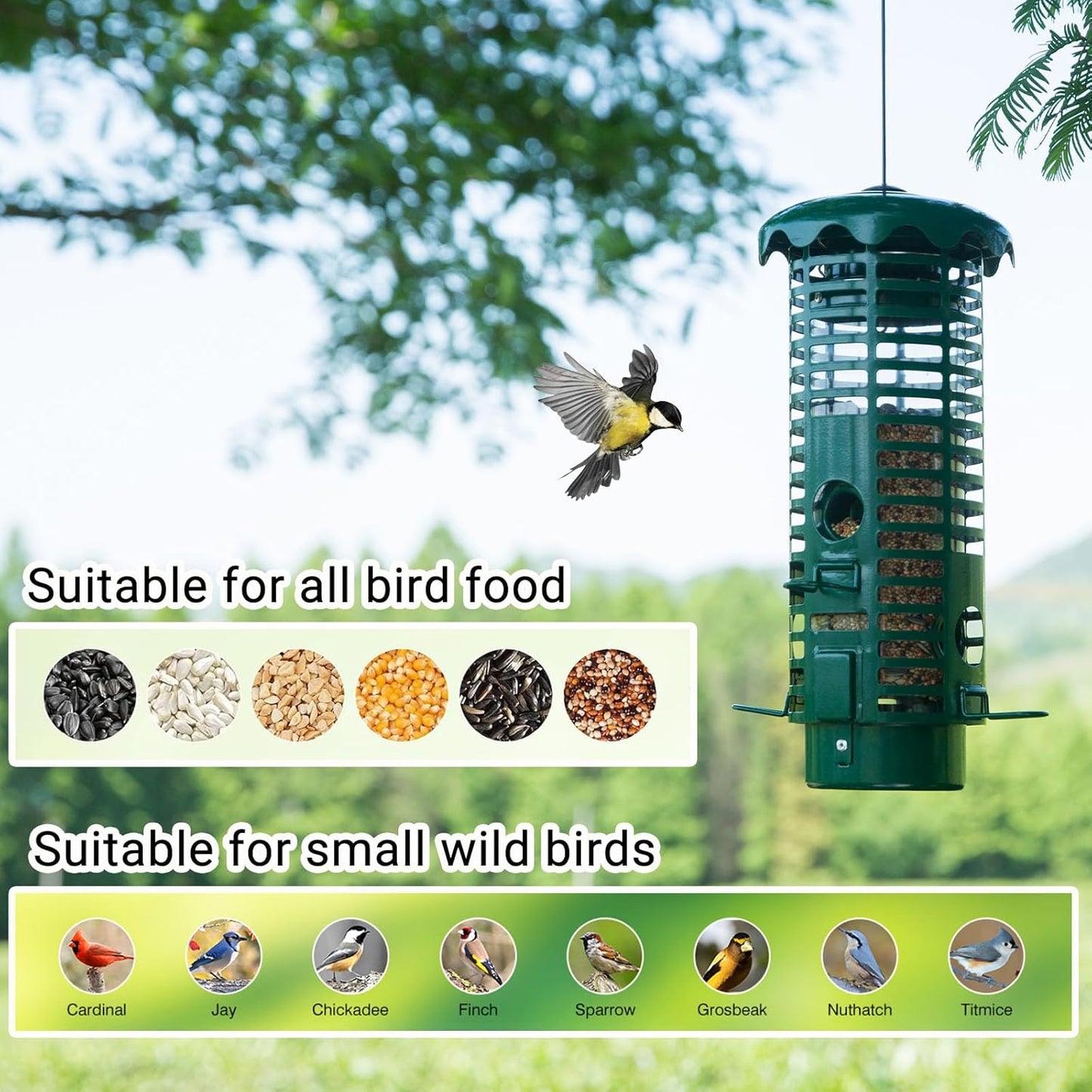 Squirrel Proof Bird Feeder Metal Mesh for Outdoors Hanging,Weight Activated Weatherproof Wild Bird Feeders with Finch Cardinal Chickadee,Large Capacity(Green)