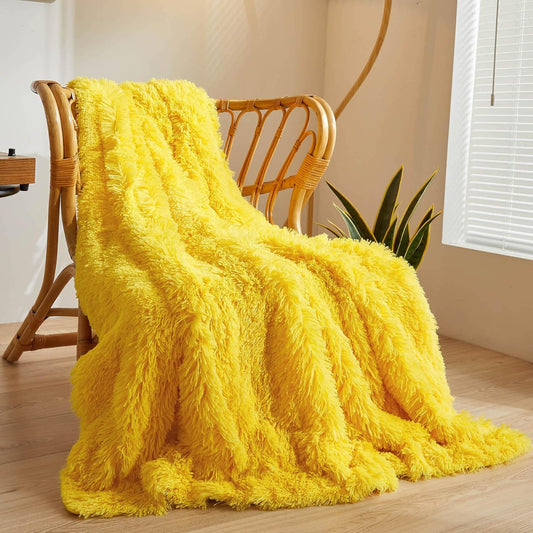 XeGe Luxury Faux Fur Throw, Yellow Soft 50x60 Fluffy Bed Blanket, Cozy Shaggy Plush Decorative Couch Throw, Cute Furry Fuzzy Lap Blanket for Kids Women Men Teen Girls Yellow