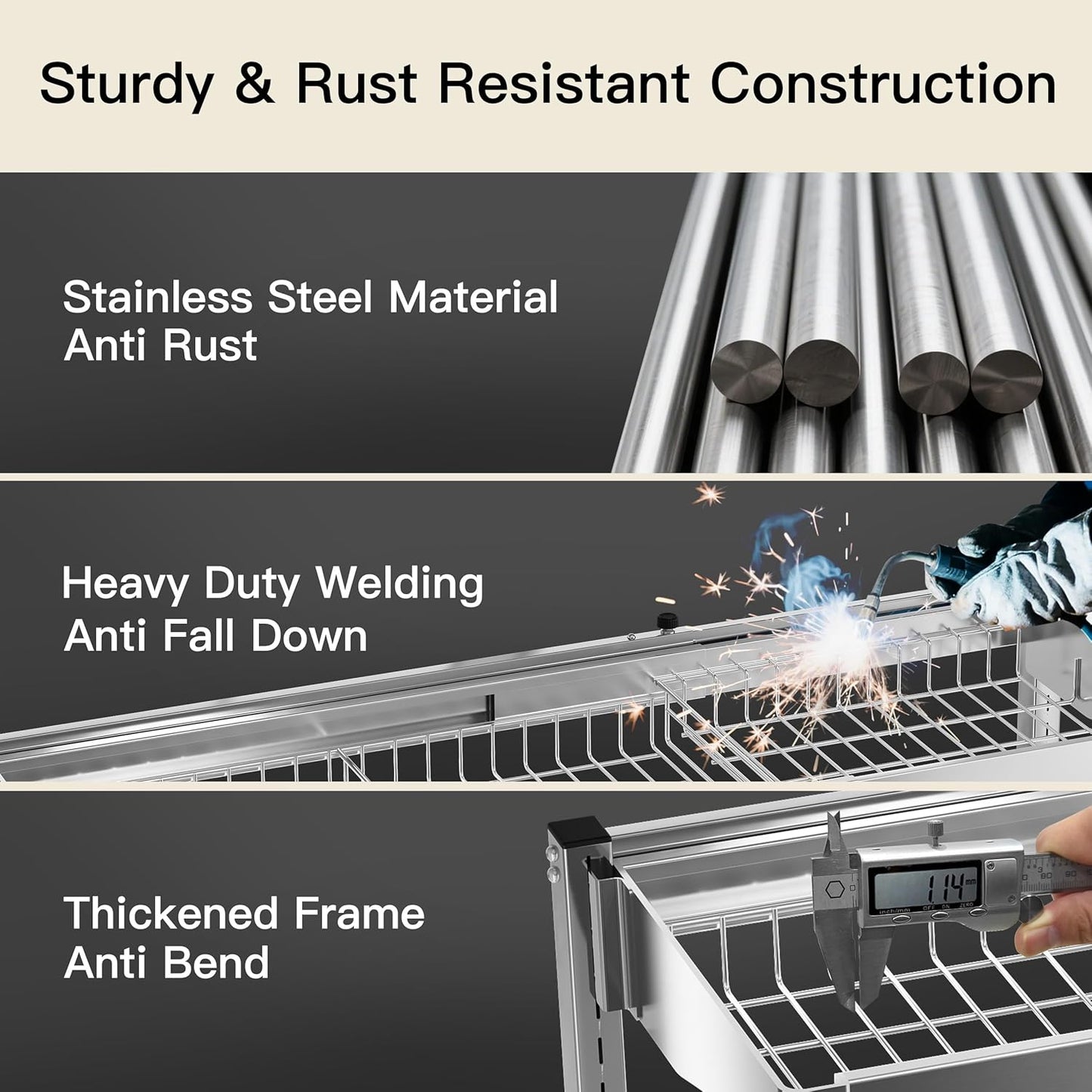 3 Tier Extra Large Stainless Steel Expandable Over The Sink Dish Drainer Drying Rack, Rust Proof Metal, Space Saving, Modern Silver Big Capacity Extendable Plate Strainers Above Kitchen Counter