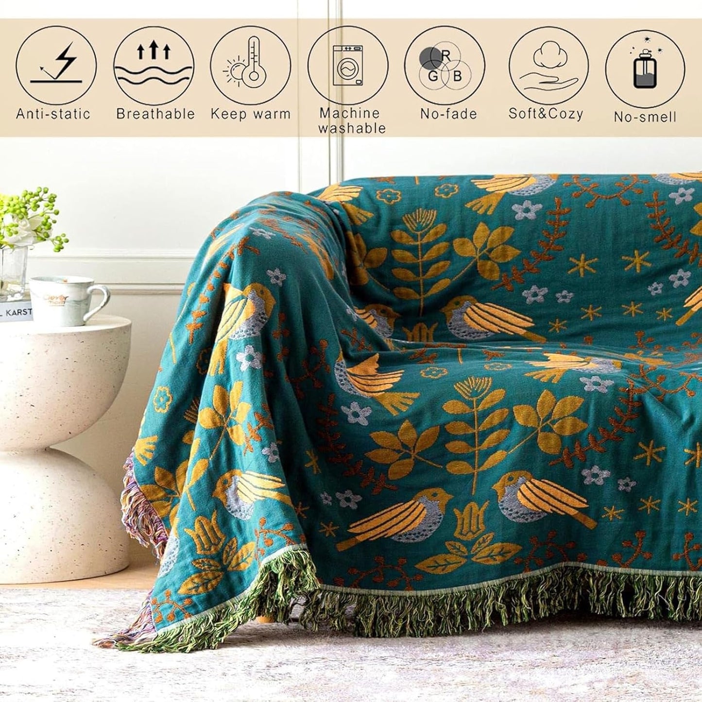 MSGKV Boho Throw Blanket Queen Size Cotton Blanket for Couch and Sofa Living Room Blanket Summer Bed Cozy Gauze Blanket 90" x 90"