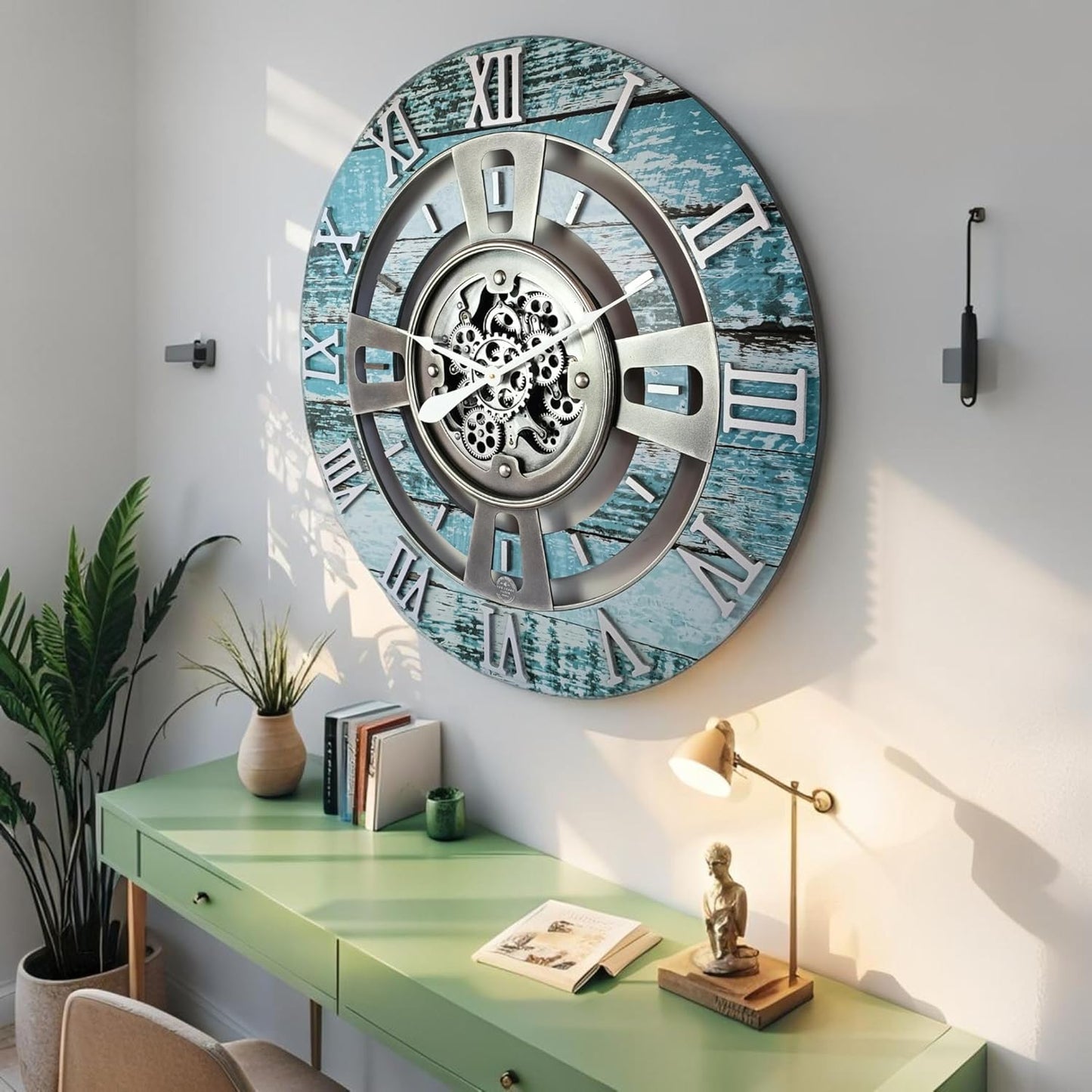 The Gears Clock Real Moving Gear Wall Clock England Line (Aqua Green, 24 inches (60 cm))